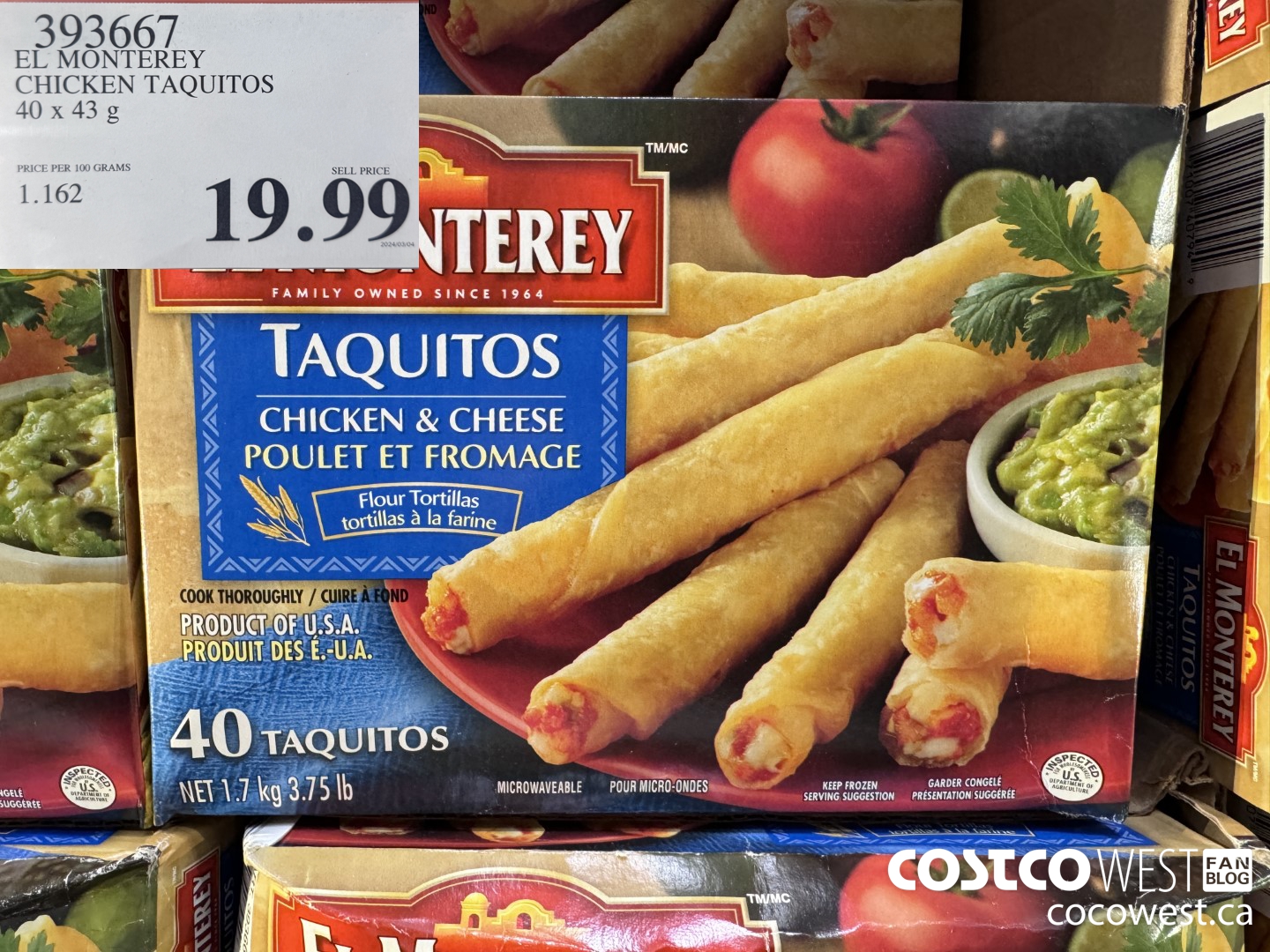 393667 EL MONTEREY CHICKEN TAQUITOS 40 x 43 g $19.99