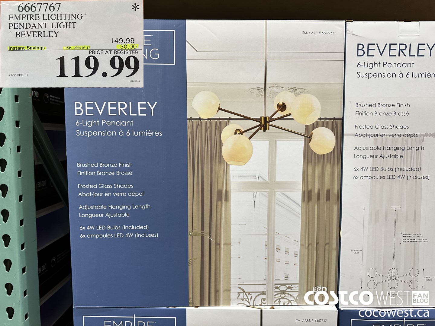 6667767 EMPIRE LIGHTING PENDANT LIGHT BEVERLEY ($30.00 INSTANT SAVINGS EXPIRES ON 2024-03-17) $119.99