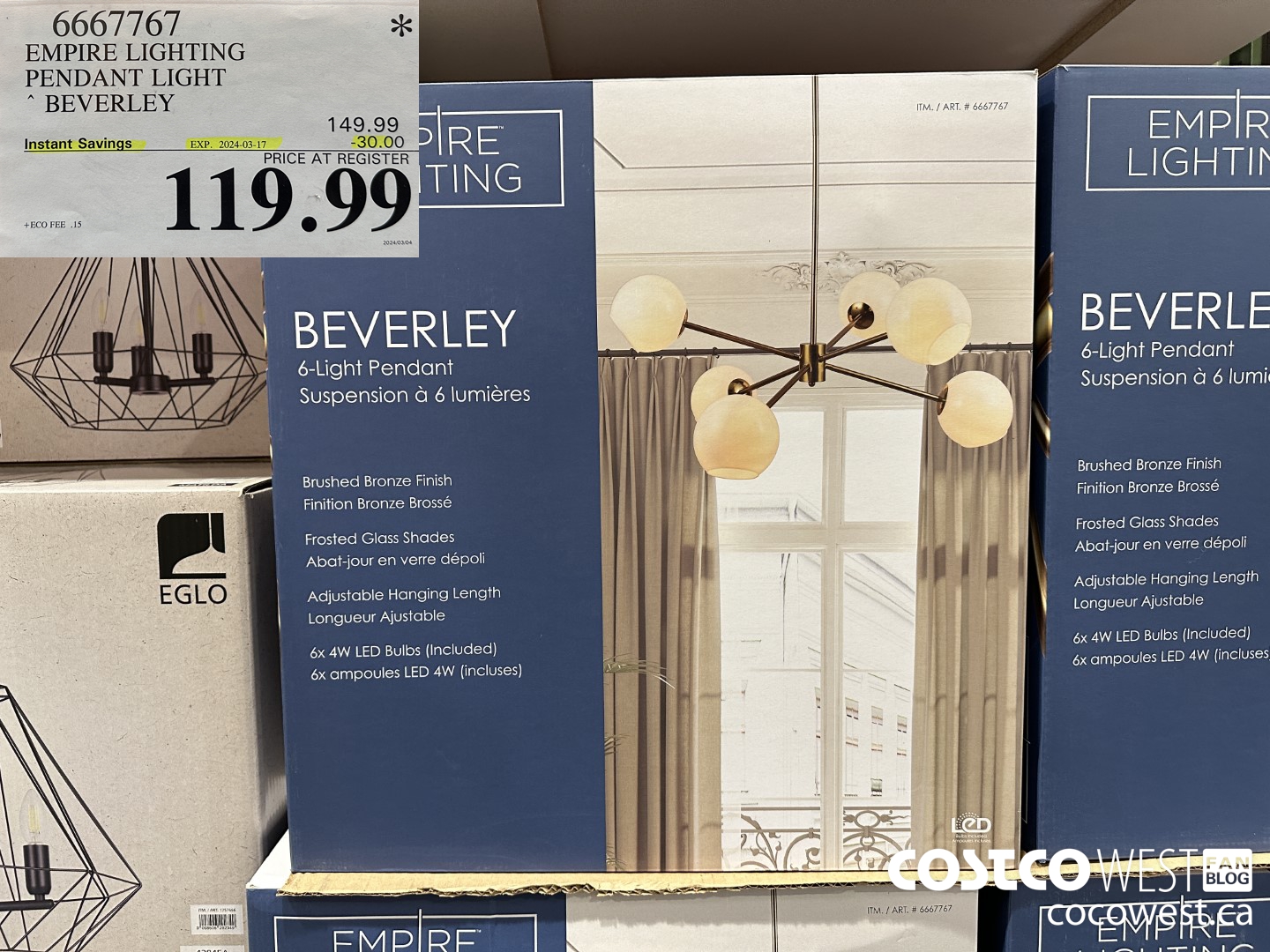 6667767 EMPIRE LIGHTING PENDANT LIGHT BEVERLEY ($30.00 INSTANT SAVINGS EXPIRES ON 2024-03-17) $119.99