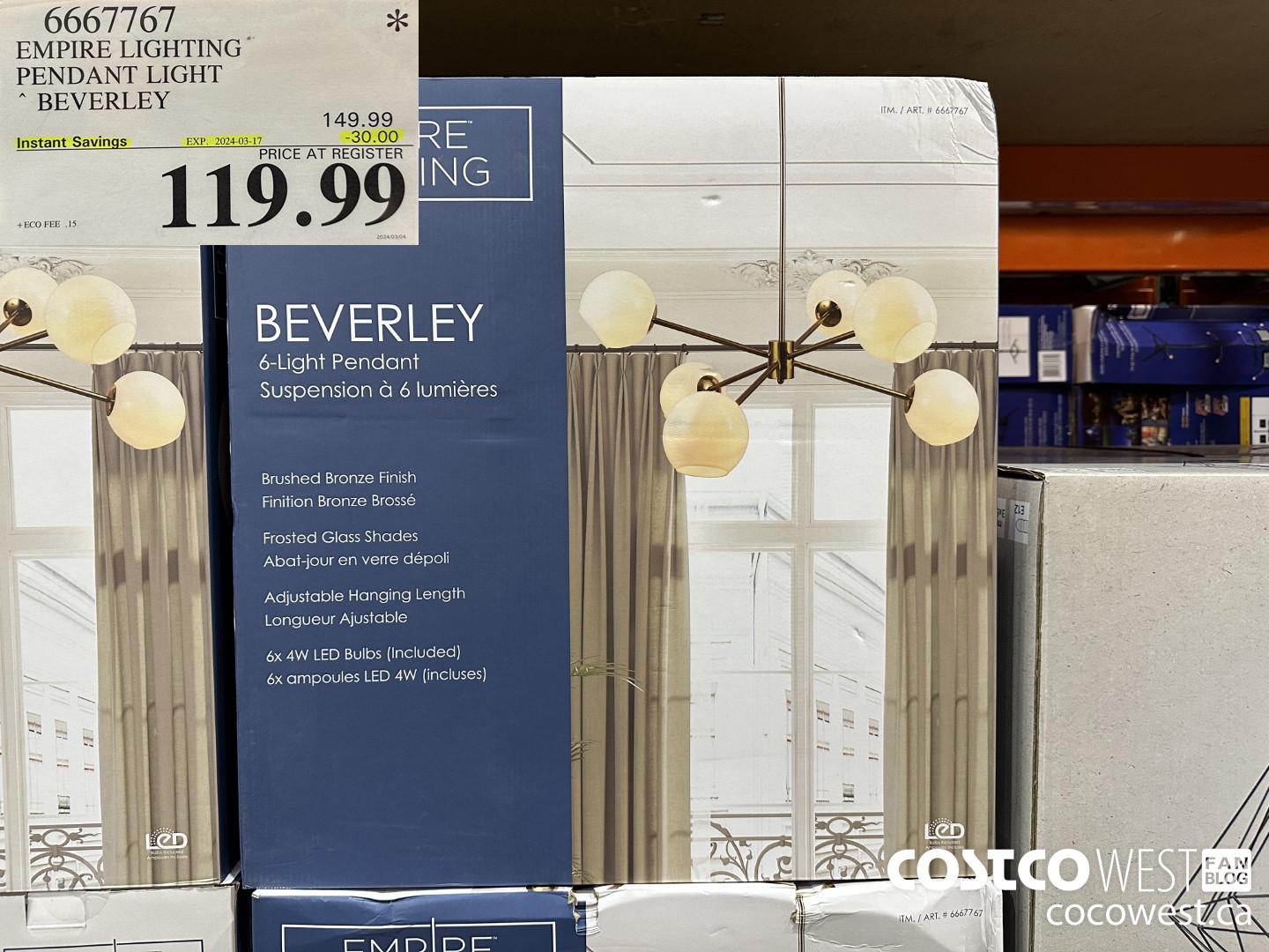 6667767 EMPIRE LIGHTING PENDANT LIGHT BEVERLEY ($30.00 INSTANT SAVINGS EXPIRES ON 2024-03-17) $119.99