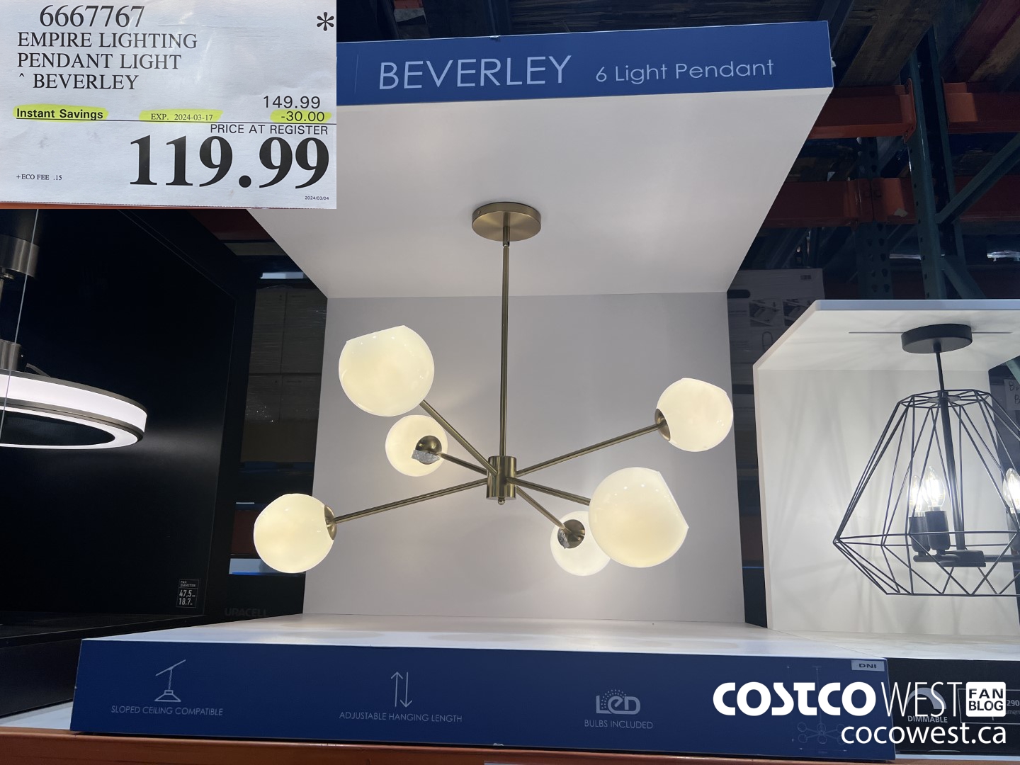 6667767 EMPIRE LIGHTING PENDANT LIGHT BEVERLEY ($30.00 INSTANT SAVINGS EXPIRES ON 2024-03-17) $119.99