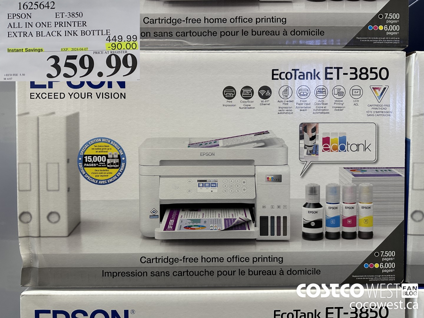 1625642 EPSON ET-3850 ALL IN ONE PRINTER EXTRA BLACK INK BOTTLE ($90.00 INSTANT SAVINGS EXPIRES ON 2024-04-07) $359.99