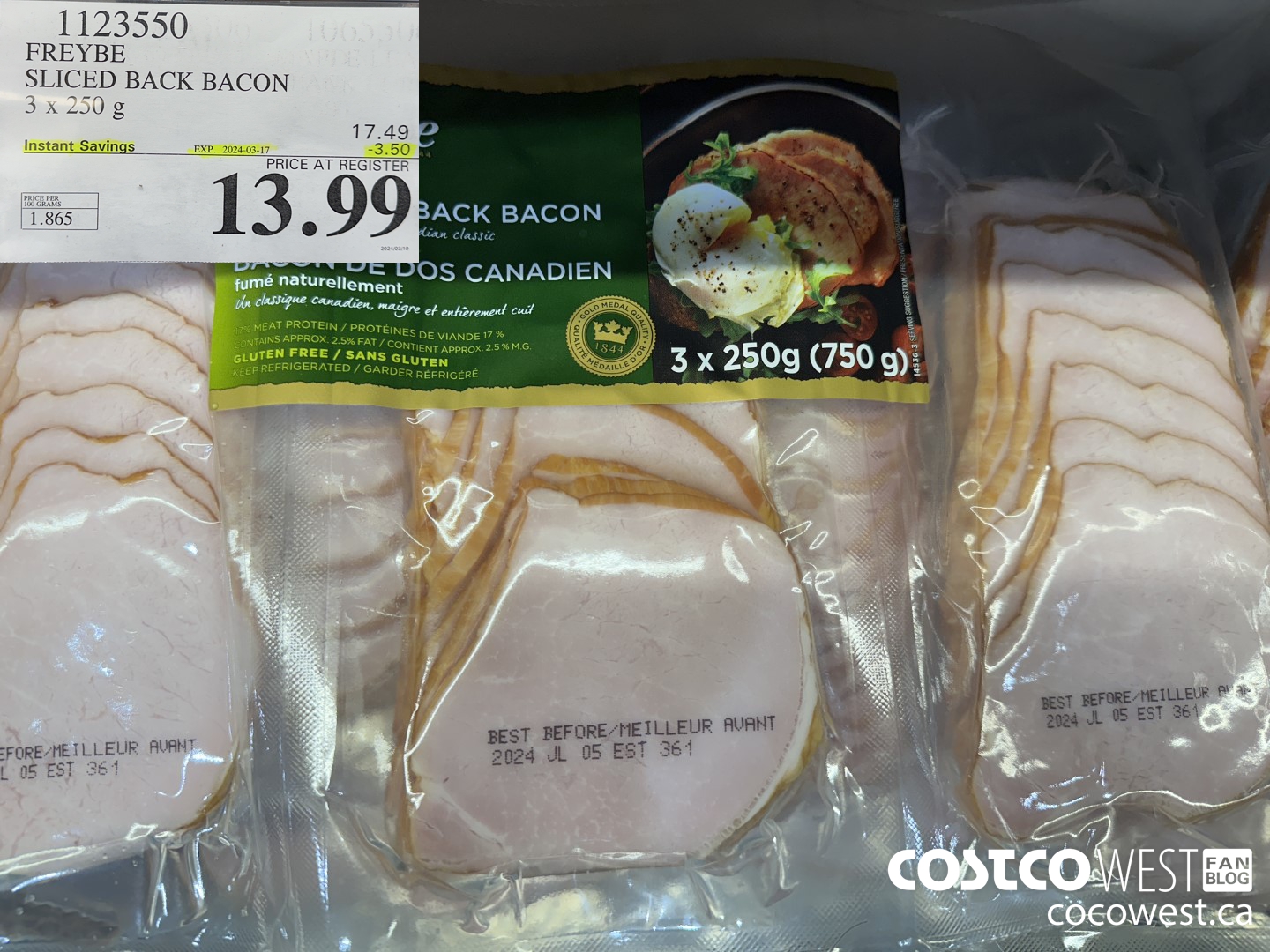 1123550 FREYBE SLICED BACK BACON 3 x 250 g ($3.50 INSTANT SAVINGS EXPIRES ON 2024-03-17) $13.99