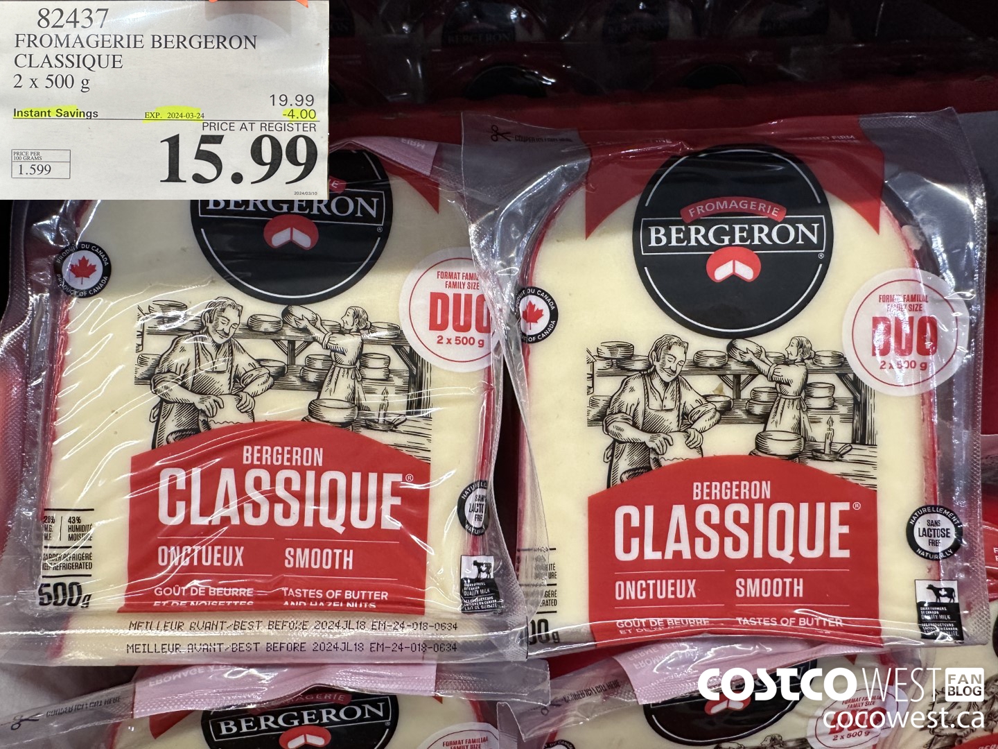 82437 FROMAGERIE BERGERON CLASSIQUE 2 X 500 G ($4.00 INSTANT SAVINGS EXPIRES ON 2024-03-24) $15.99