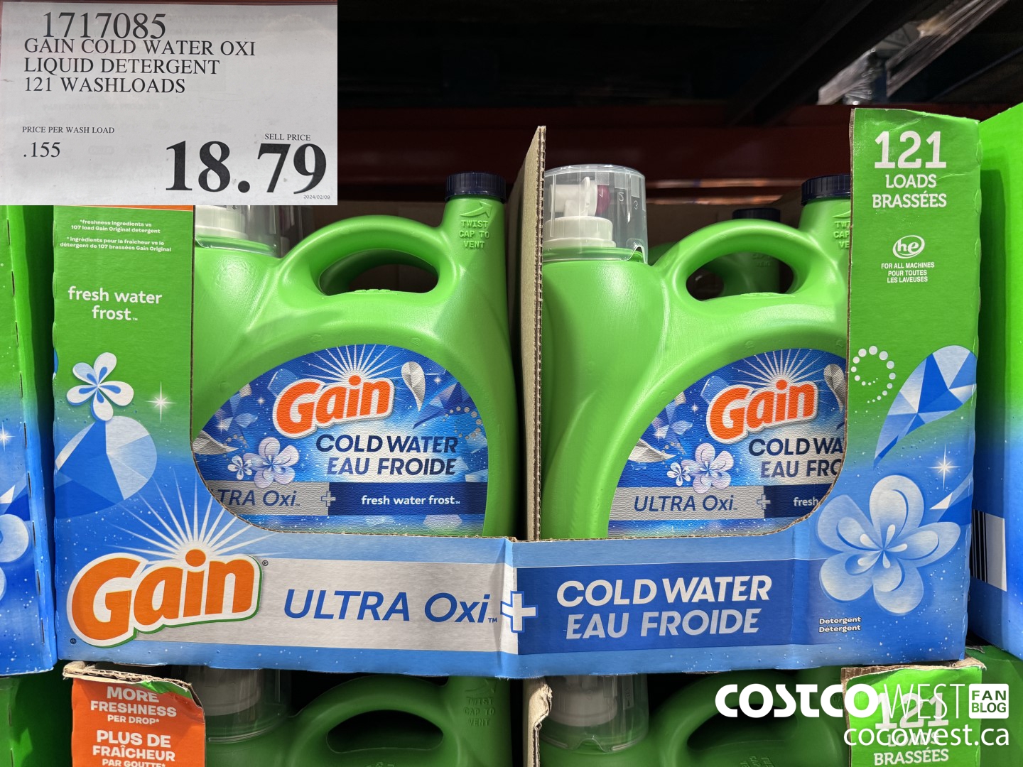 1717085 GAIN COLD WATER OXI LIQUID DETERGENT 121 WASHLOADS $18.79