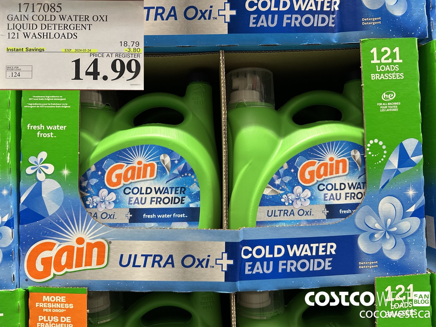1717085 GAIN COLD WATER OXI LIQUID DETERGENT 121 WASHLOADS ($3.80 INSTANT SAVINGS EXPIRES ON 2024-03-24) $14.99