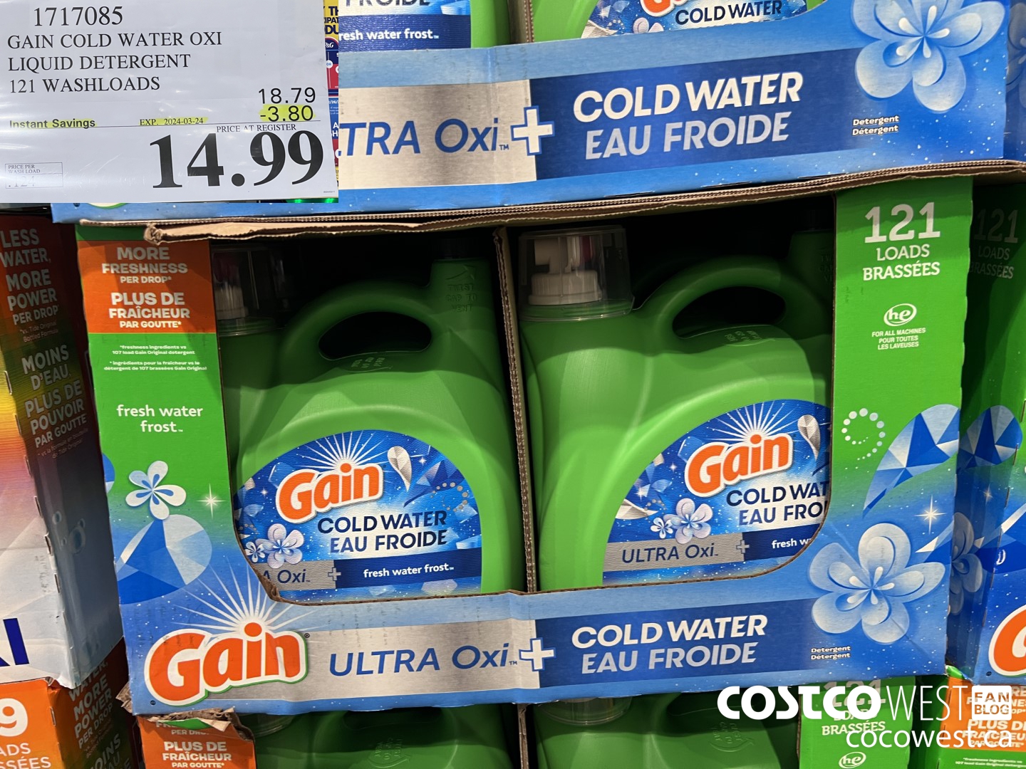 1717085 GAIN COLD WATER OXI LIQUID DETERGENT 121 WASHLOADS ($3.80 INSTANT SAVINGS EXPIRES ON 2024-03-24) $14.99