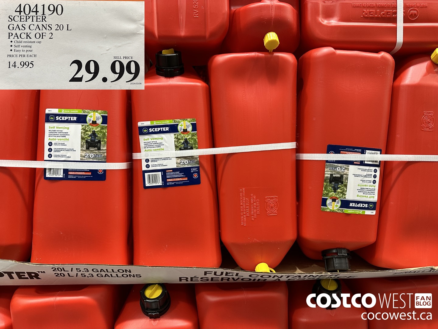404190 GAS CAN 20 LITRES (5.3 GAL.) 2 PACK $29.99
