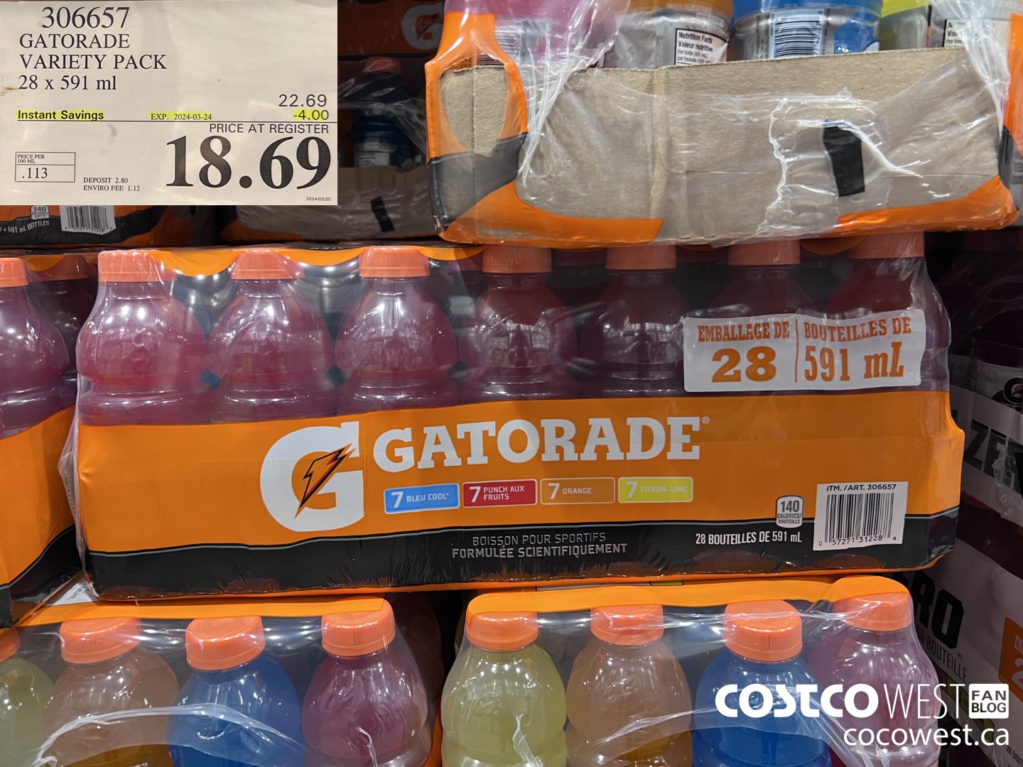 306657 GATORADE VARIETY PACK 28 x 591 ml ($4.00 INSTANT SAVINGS EXPIRES ON 2024-03-24) $18.69