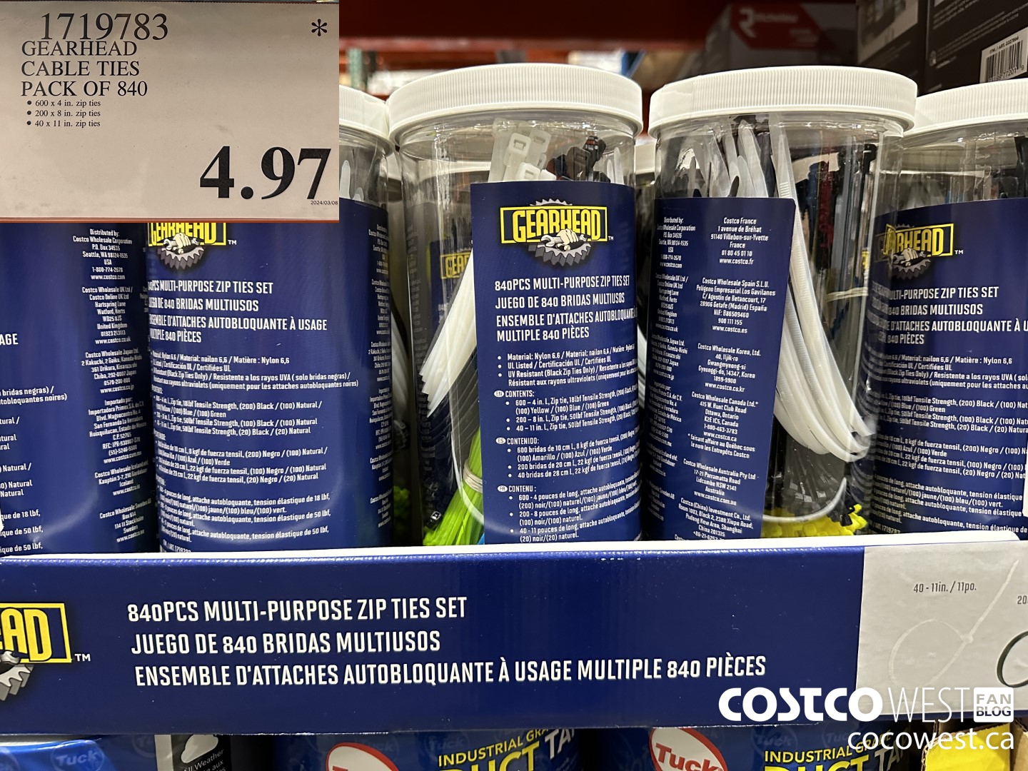 1719783 GEARHEAD CABLE TIES PACK OF 840 $4.97