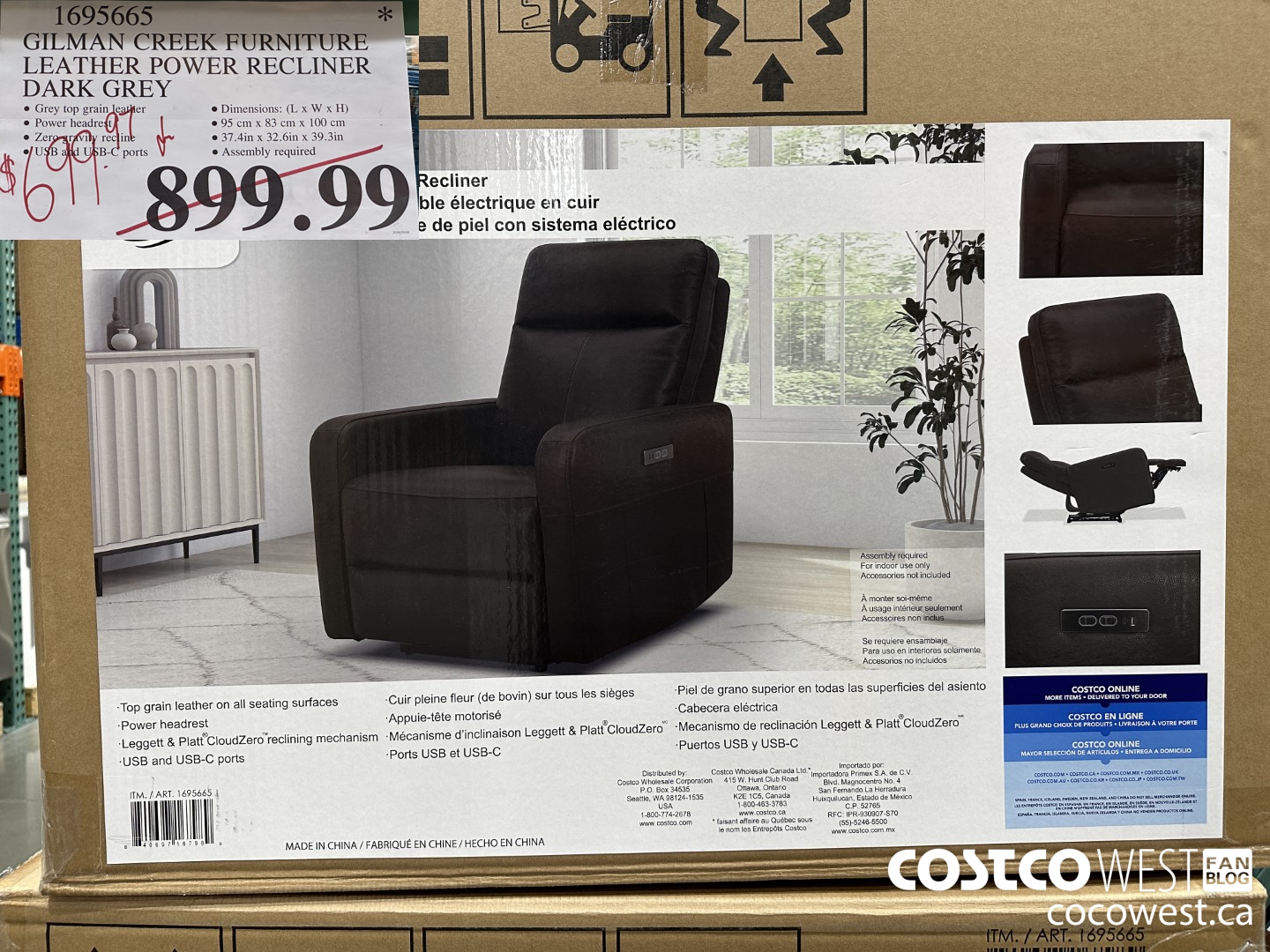 1695665 GILMAN CREEK FURNITURE LEATHER POWER RECLINER DARK GREY $699.97