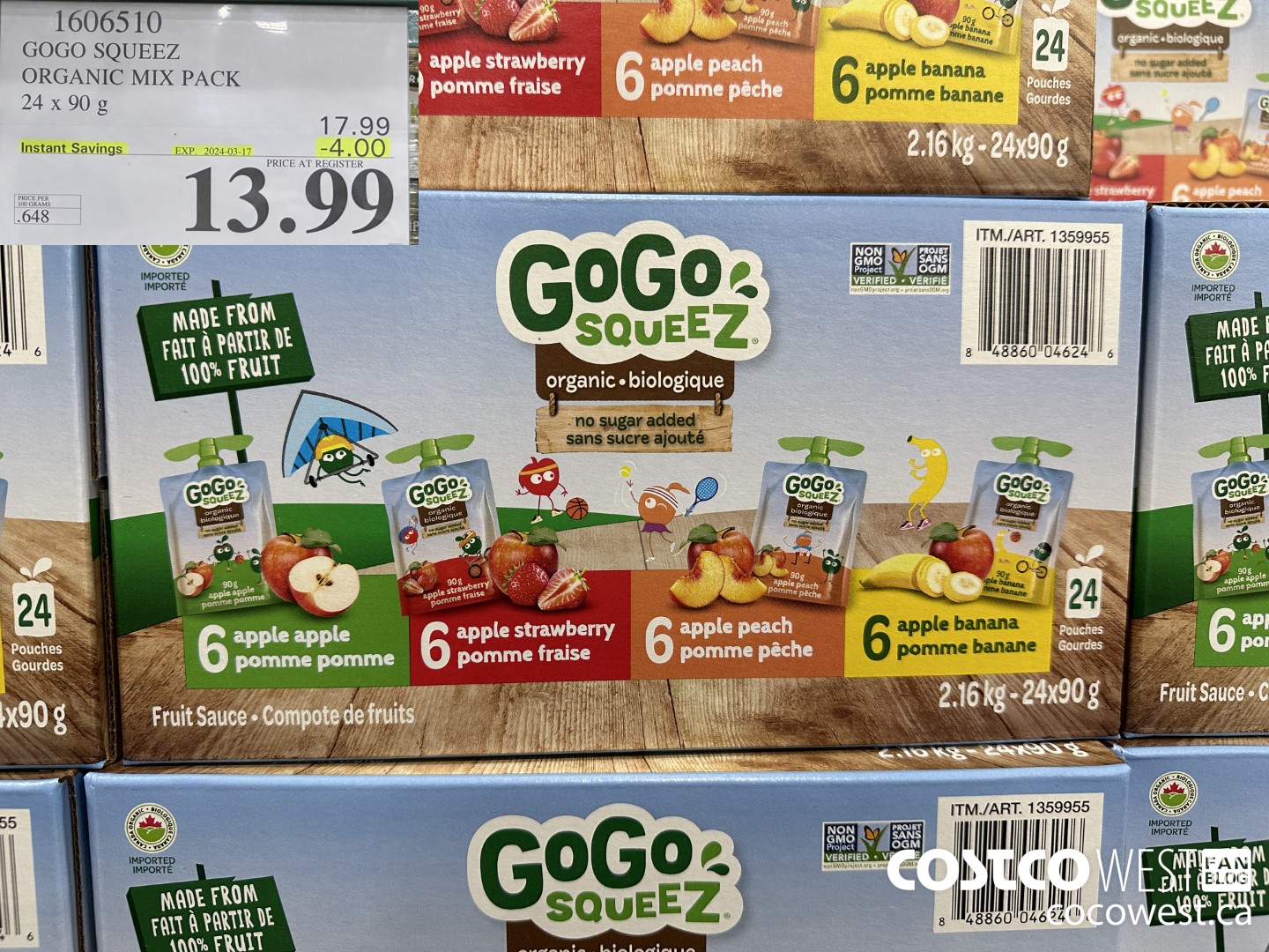 1606510 GOGO SQUEEZ ORGANIC MIX PACK 24 X 90 G ($4.00 INSTANT SAVINGS EXPIRES ON 2024-03-17) $13.99