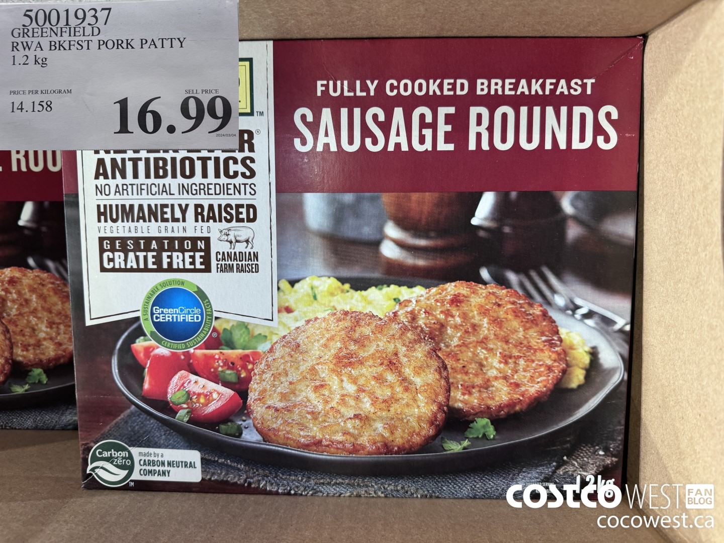 5001937 GREENFIELD RWA BKFST PORK PATTY 1.2 kg $16.99