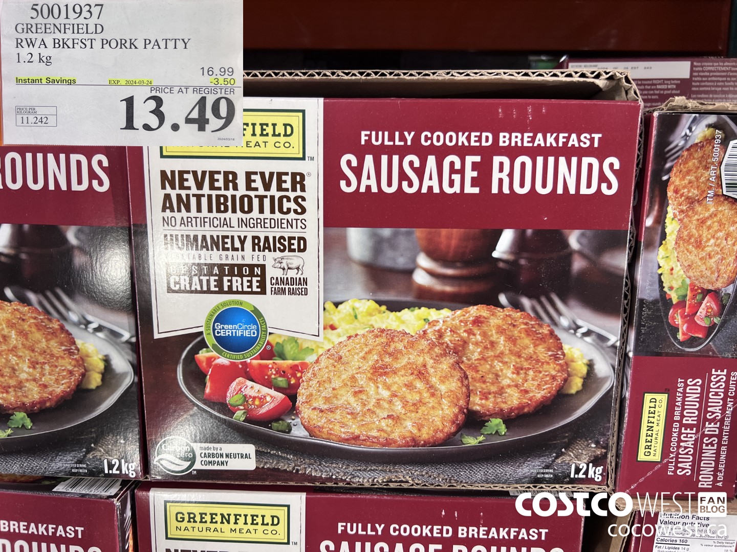 5001937 GREENFIELD RWA BKFST PORK PATTY 1.2 kg ($3.50 INSTANT SAVINGS EXPIRES ON 2024-03-24) $13.49