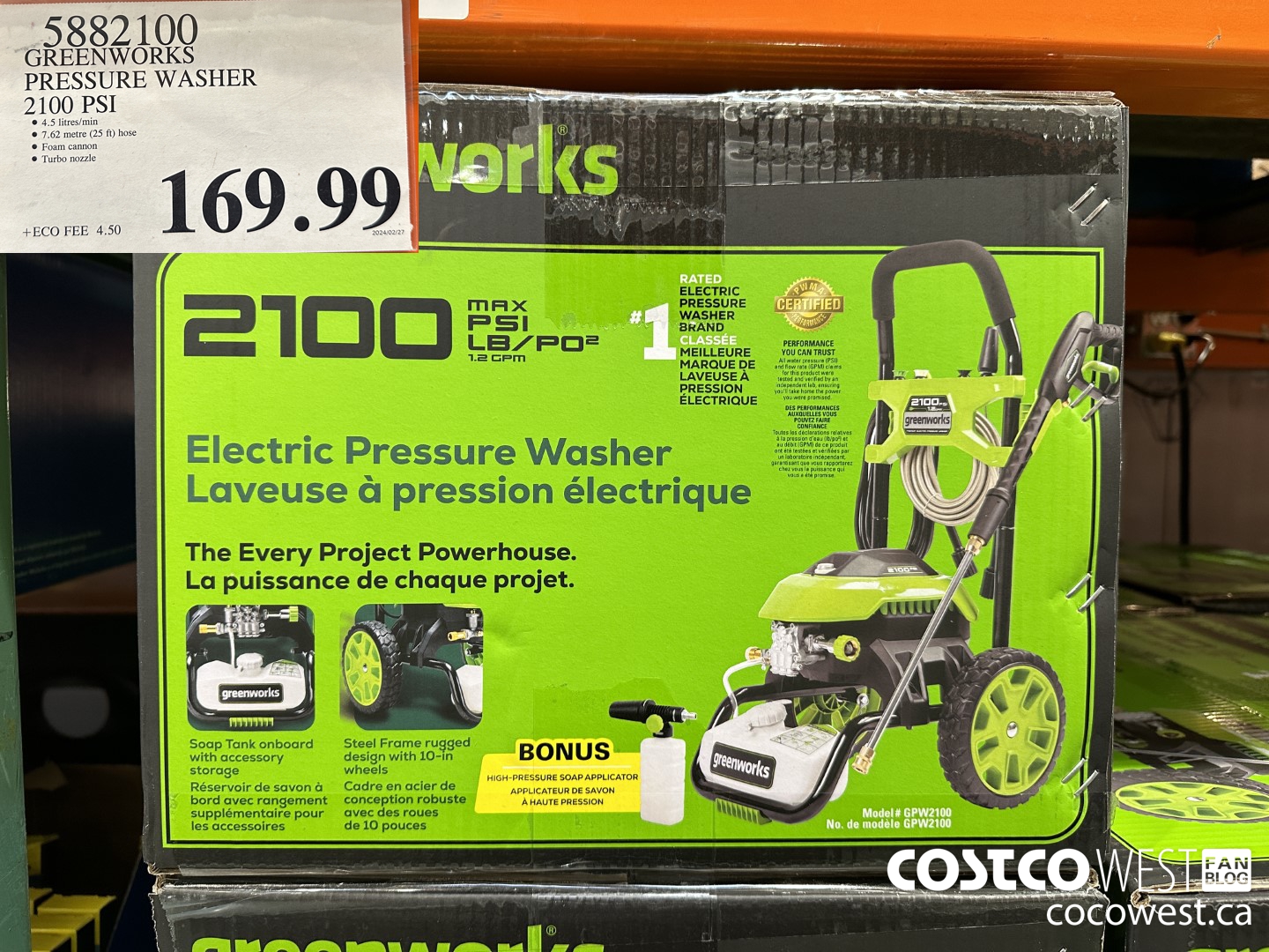 5882100 GREENWORKS PRESSURE WASHER 2100 PSI $169.99