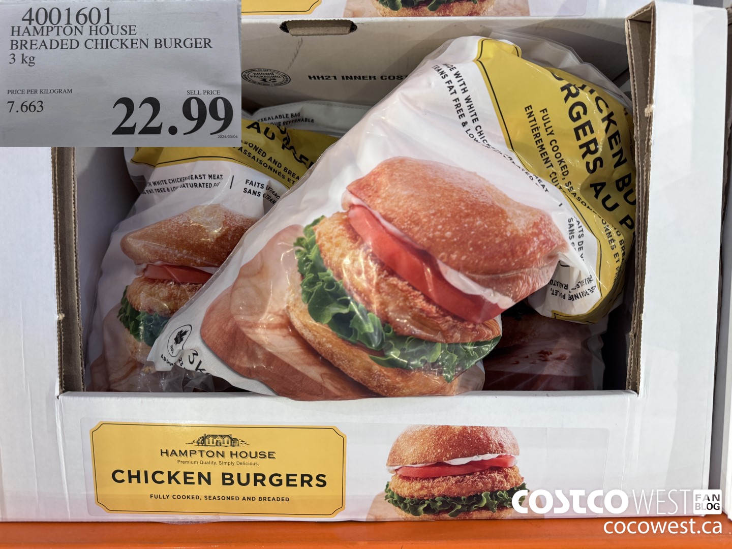 4001601 HAMPTON HOUSE BREADED CHICKEN BURGER 3 kg $22.99