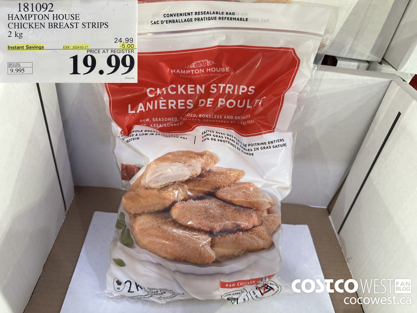 181092 HAMPTON HOUSE CHICKEN BREAST STRIPS 2 kg ($5.00 INSTANT SAVINGS EXPIRES ON 2024-03-17) $19.99