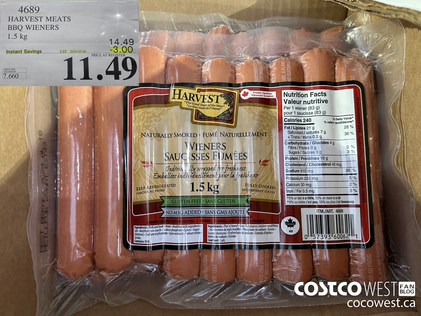 4689 HARVEST MEATS BBQ WIENERS 1.5 KG ($3.00 INSTANT SAVINGS EXPIRES ON 2024-03-04) $11.49