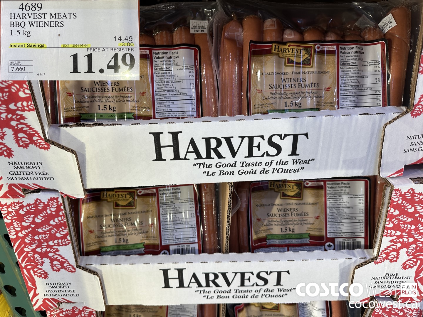 4689 HARVEST MEATS BBQ WIENERS 1.5 KG ($3.00 INSTANT SAVINGS EXPIRES ON 2024-03-04) $11.49