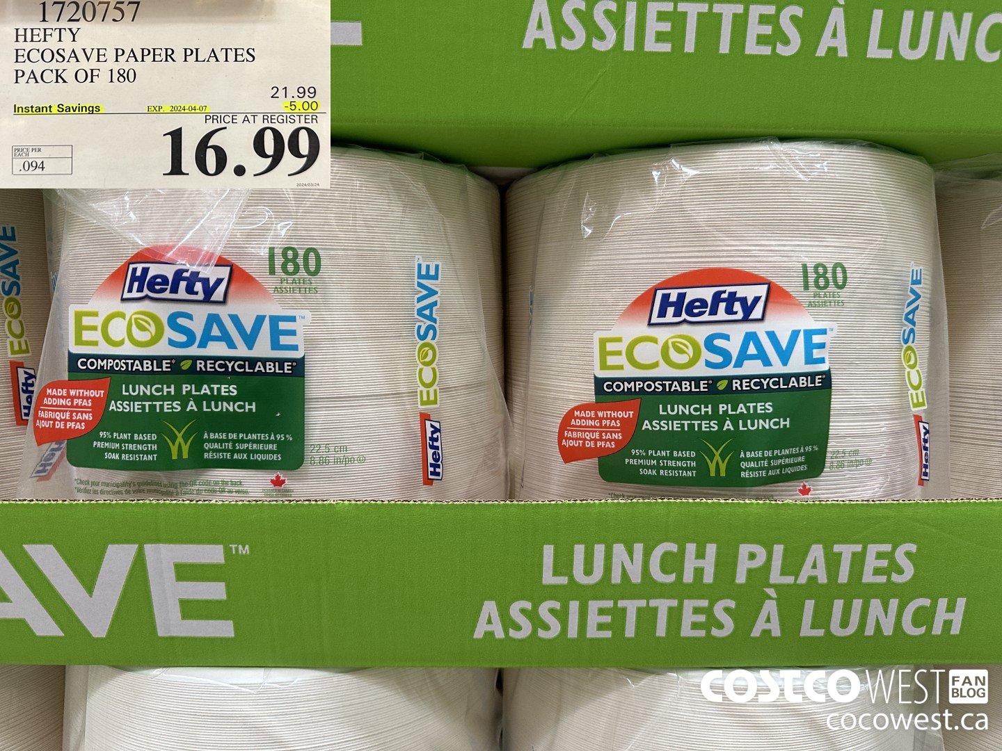 1720757 HEFTY ECOSAVE PAPER PLATES PACK OF 180 ($5.00 INSTANT SAVINGS EXPIRES ON 2024-04-07) $16.99