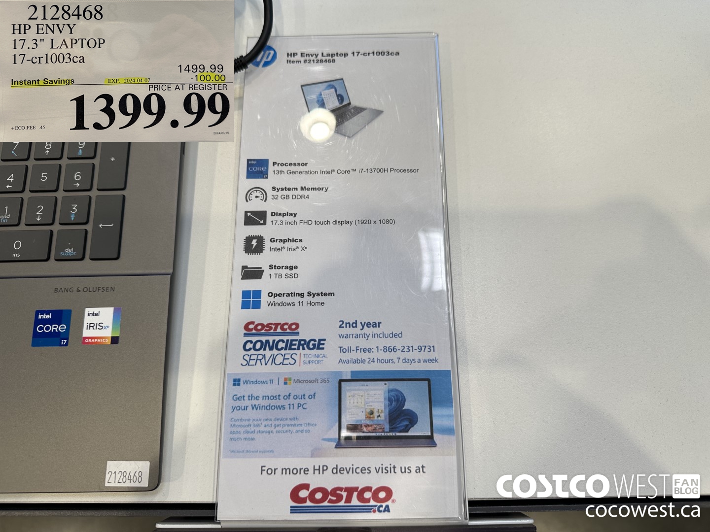 2128468 HP ENVY 17.3IN LAPTOP COMPUTER 17-CR1003CA ($100.00 INSTANT SAVINGS EXPIRES ON 2024-04-07) $1399.99