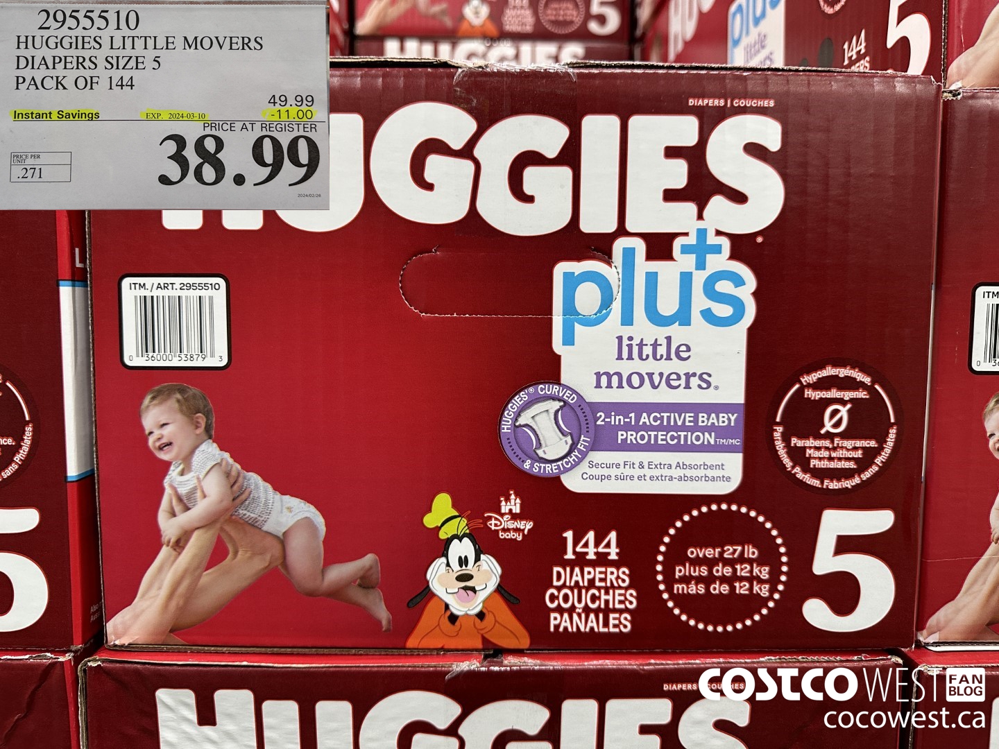 2955510 HUGGIES LITTLE MOVERS DIAPERS SIZE 5 PACK OF 144  ($11.00 INSTANT SAVINGS EXPIRES ON 2024-03-10) $38.99