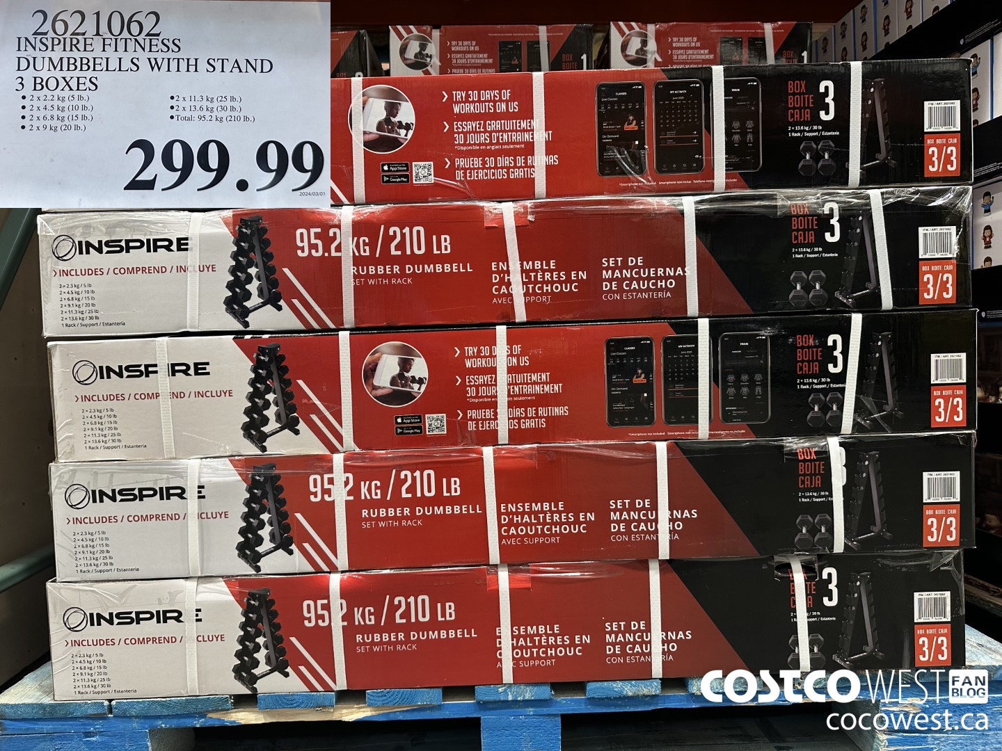 2621062 INSPIRE FITNESS HEX DUMBBELL W/ RACK 3 BOXES $299.99