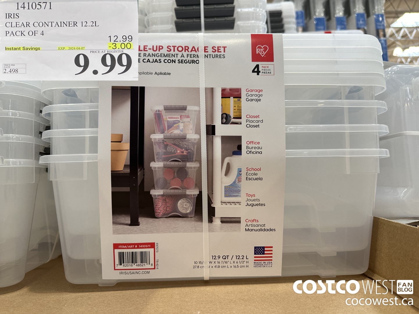 1410571 IRIS CLEAR CONTAINER 12.2L PACK OF 4 ($3.00 INSTANT SAVINGS EXPIRES ON 2024-04-07) $9.99