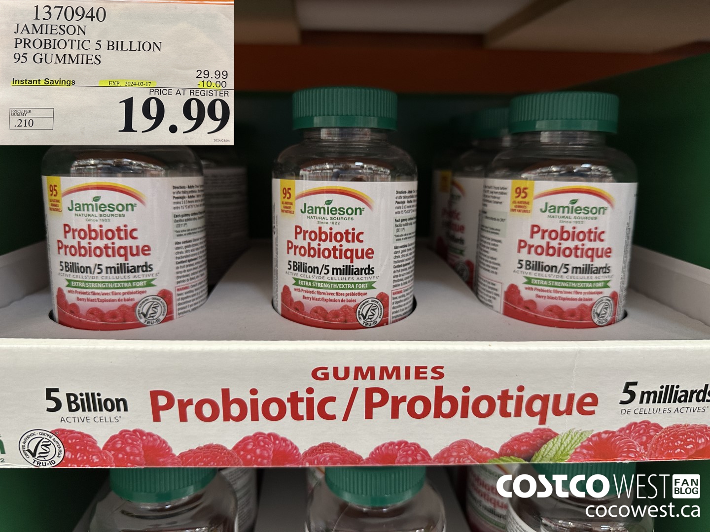 1370940 JAMIESON PROBIOTIC 5 BILLION 95 GUMMIES ($10.00 INSTANT SAVINGS EXPIRES ON 2024-03-17) $19.99