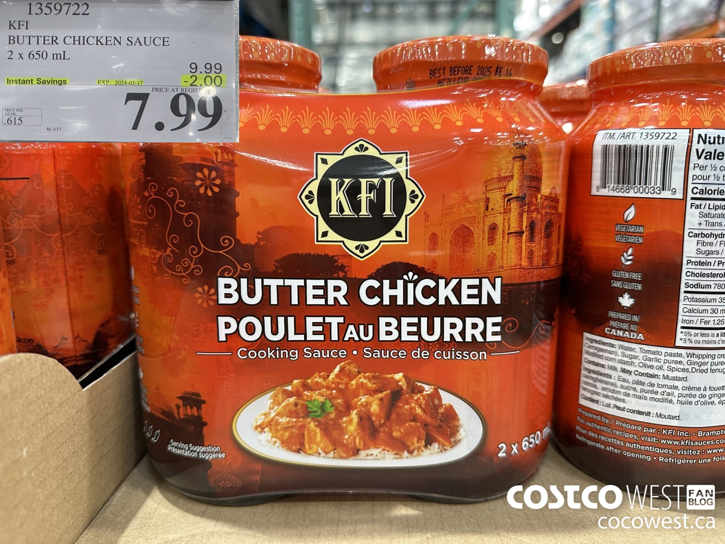 1359722 KFI BUTTER CHICKEN SAUCE 2 x 650 mL ($2.00 INSTANT SAVINGS EXPIRES ON 2024-03-17) $7.99