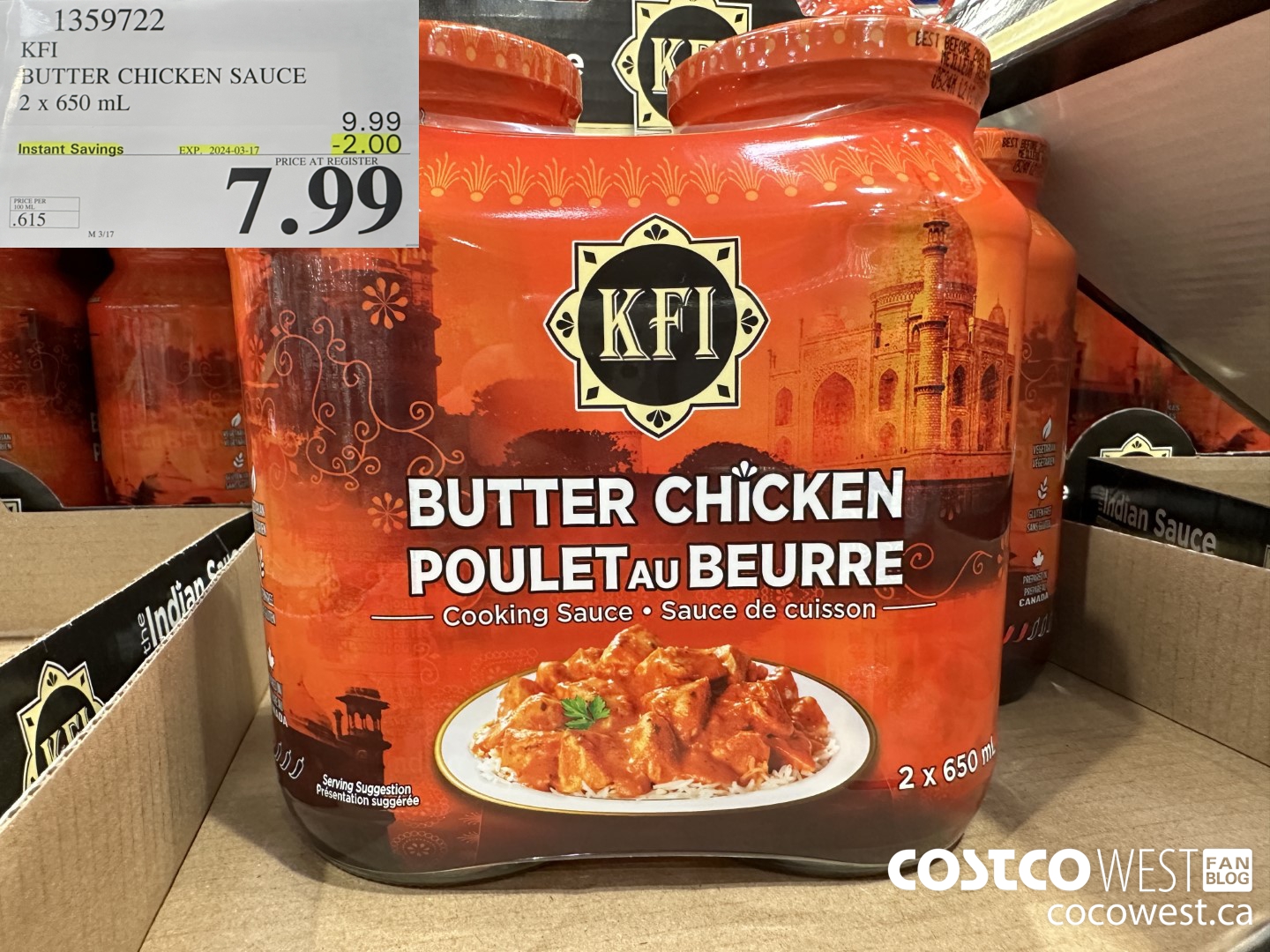 1359722 KFI BUTTER CHICKEN SAUCE 2 x 650 mL ($2.00 INSTANT SAVINGS EXPIRES ON 2024-03-17) $7.99