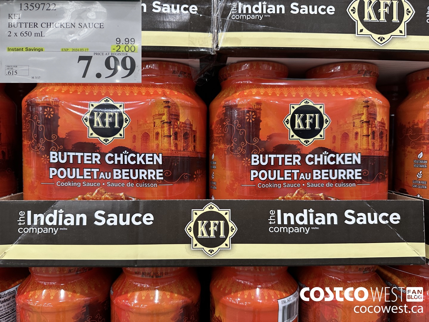 1359722 KFI BUTTER CHICKEN SAUCE 2 x 650 mL ($2.00 INSTANT SAVINGS EXPIRES ON 2024-03-17) $7.99