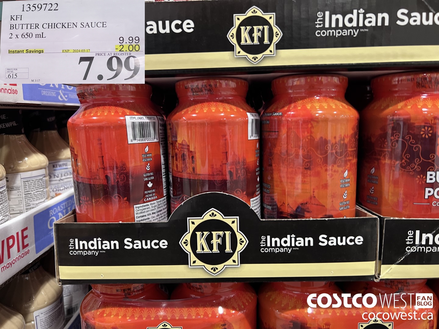 1359722 KFI BUTTER CHICKEN SAUCE 2 x 650 mL ($2.00 INSTANT SAVINGS EXPIRES ON 2024-03-17) $7.99