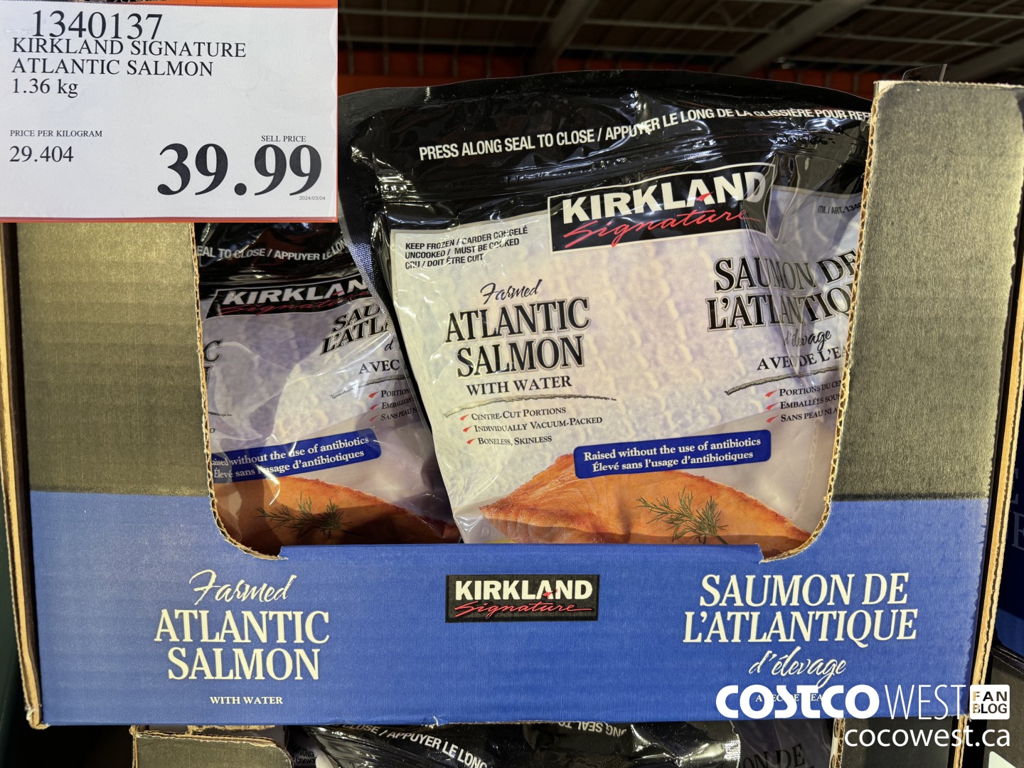 1340137 KIRKLAND SIGNATURE ATLANTIC SALMON 1.36 KG $39.99