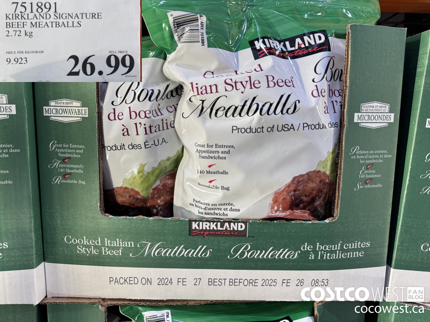 751891 KIRKLAND SIGNATURE BEEF MEATBALLS 2.72 kg $26.99