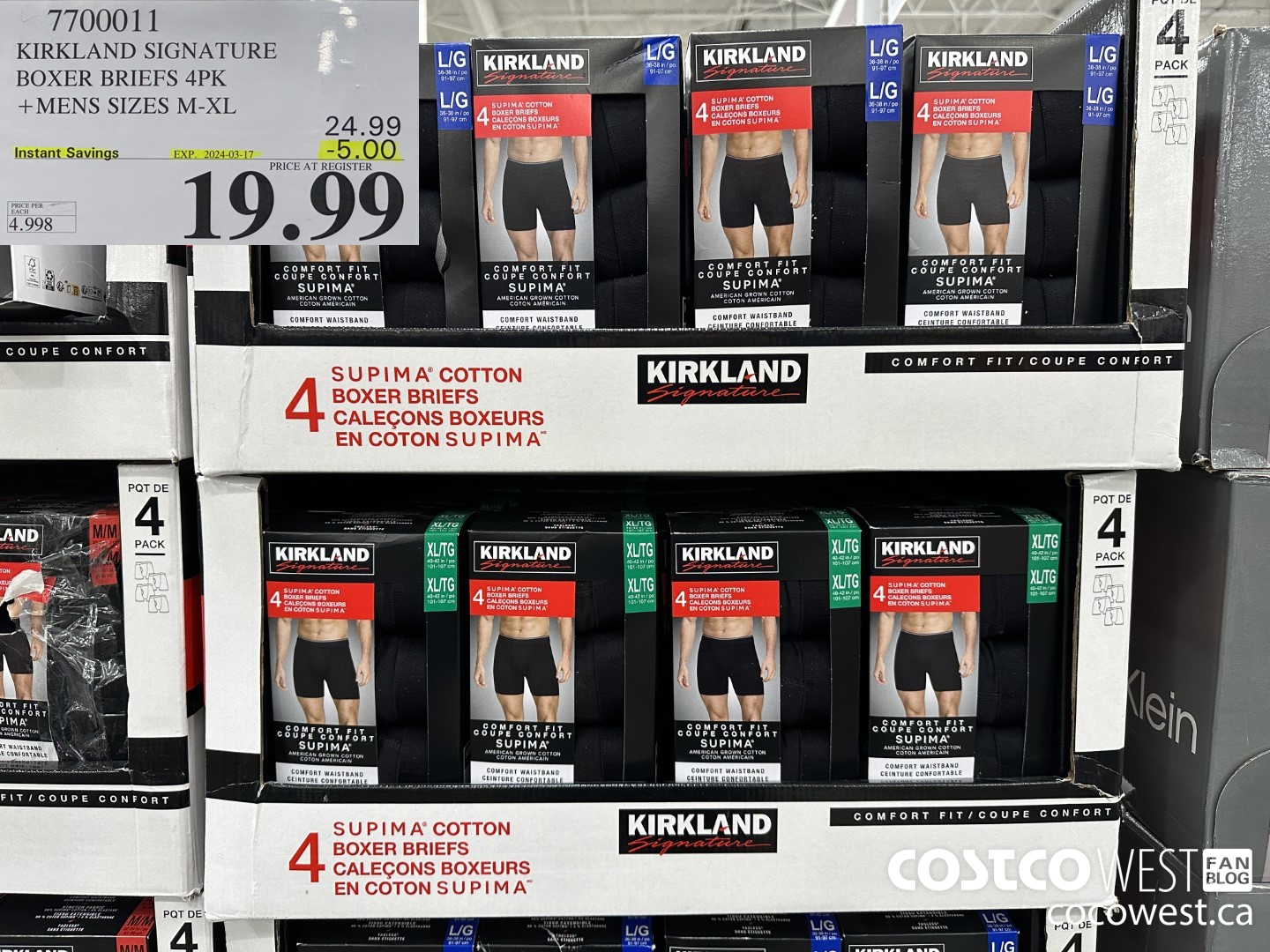 7700011 KIRKLAND SIGNATURE BOXER BRIEFS 4PK MENS SIZES M-XL ($5.00 INSTANT SAVINGS EXPIRES ON 2024-03-17) $19.99