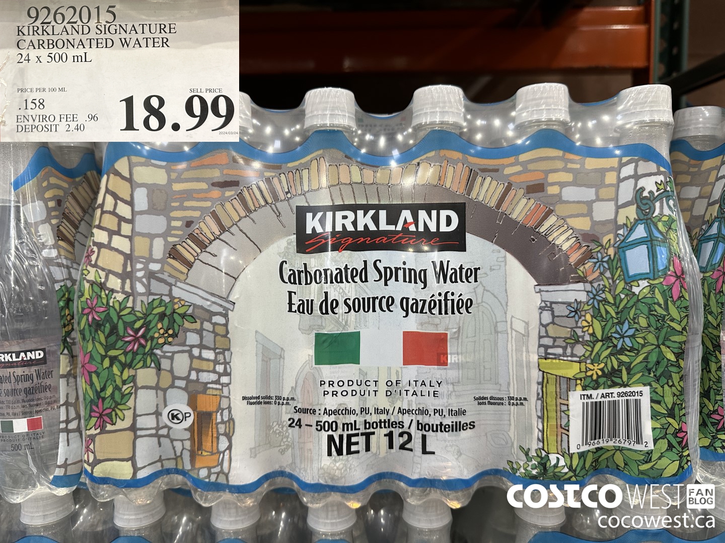 9262015 KIRKLAND SIGNATURE CARBONATED WATER 24 x 500 mL $18.99