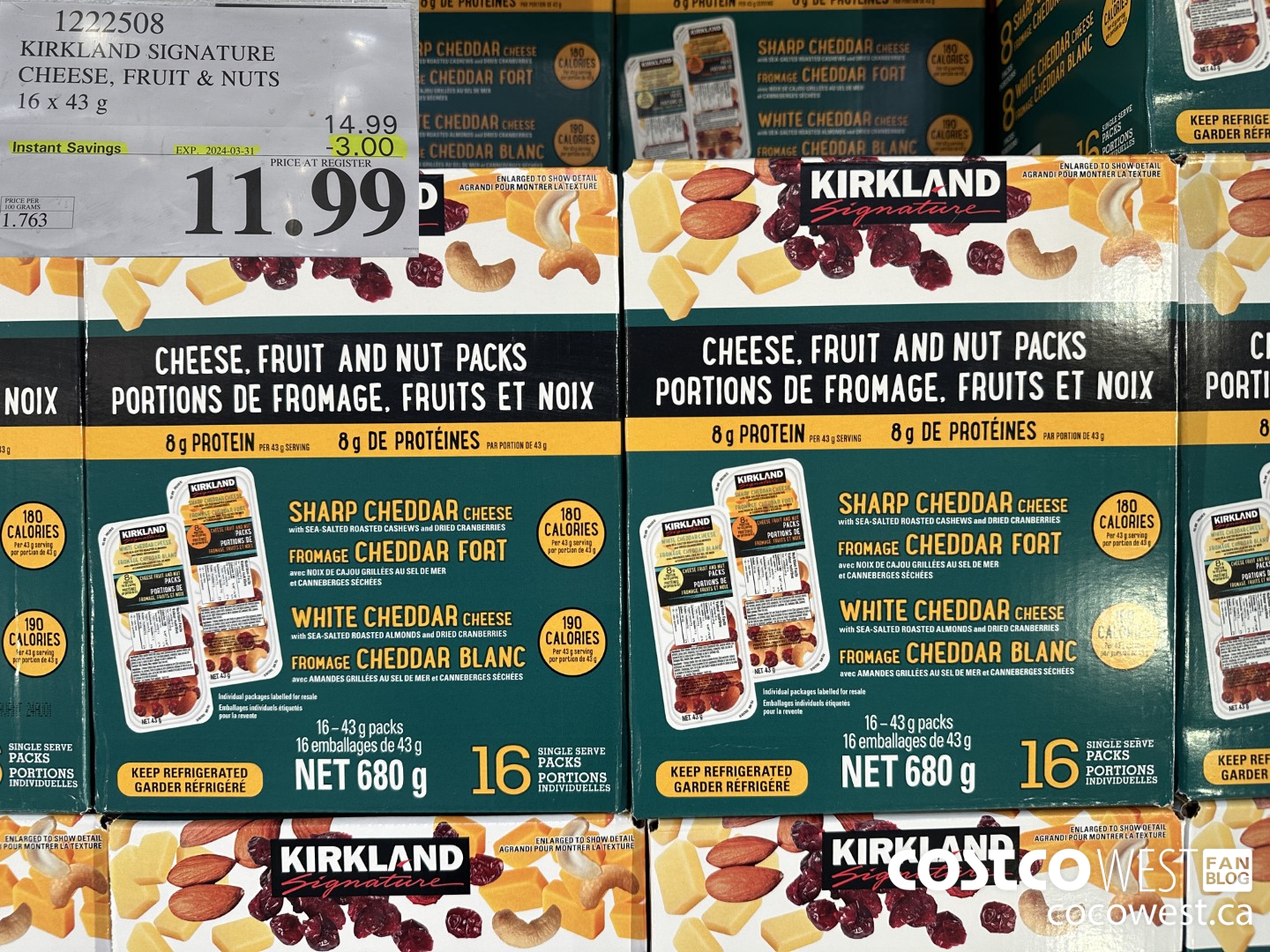 1222508 KIRKLAND SIGNATURE CHEESE, FRUIT & NUT 16 X 43 g ($3.00 INSTANT SAVINGS EXPIRES ON 2024-03-31) $11.99