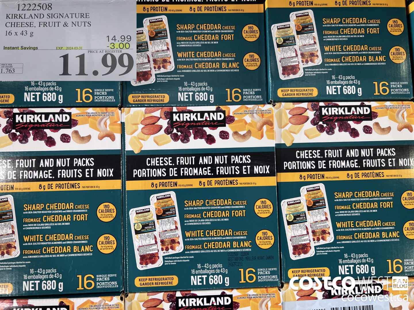1222508 KIRKLAND SIGNATURE CHEESE, FRUIT & NUT 16 X 43 g ($3.00 INSTANT SAVINGS EXPIRES ON 2024-03-31) $11.99