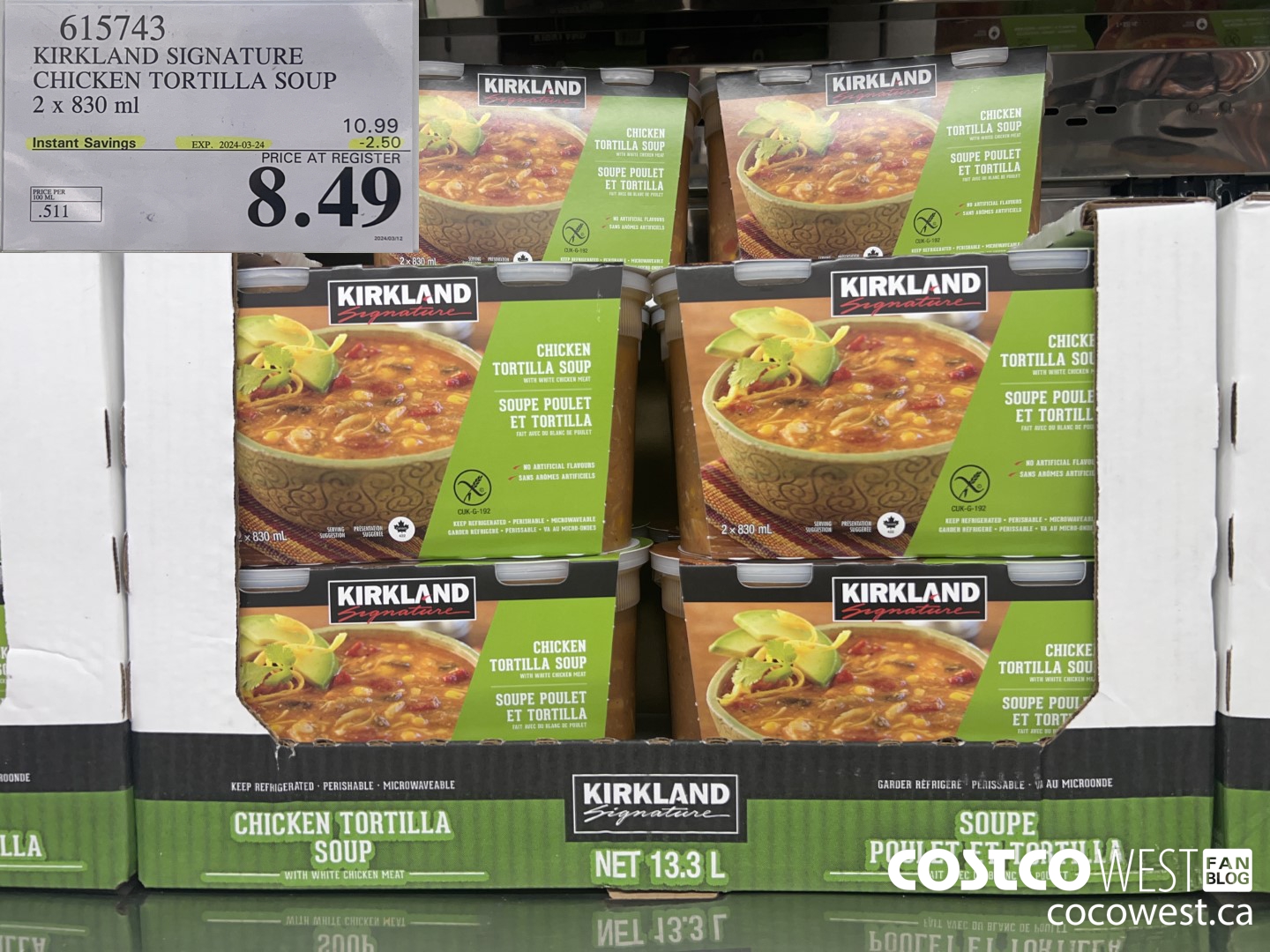 615743 KIRKLAND SIGNATURE CHICKEN TORTILLA SOUP 2 x 830 ml ($2.50 INSTANT SAVINGS EXPIRES ON 2024-03-24) $8.49