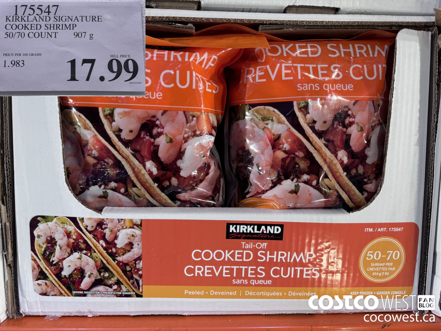 175547 KIRKLAND SIGNATURE COOKED SHRIMP 50/70 COUNT 907G $17.99