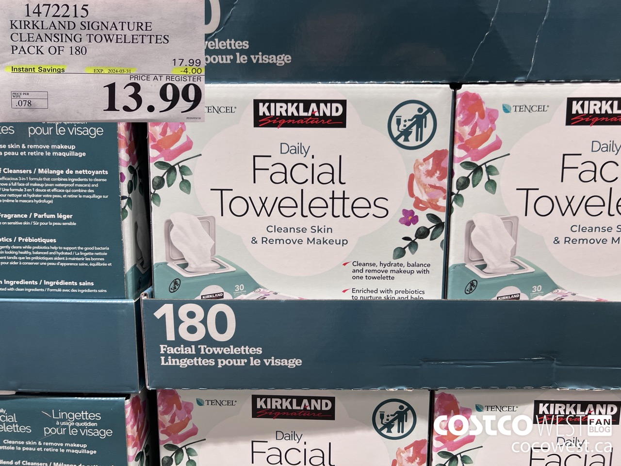 1472215 KIRKLAND SIGNATURE DAILY FACIAL TOWELETTES 180CT ($4.00 INSTANT SAVINGS EXPIRES ON 2024-03-31) $13.99