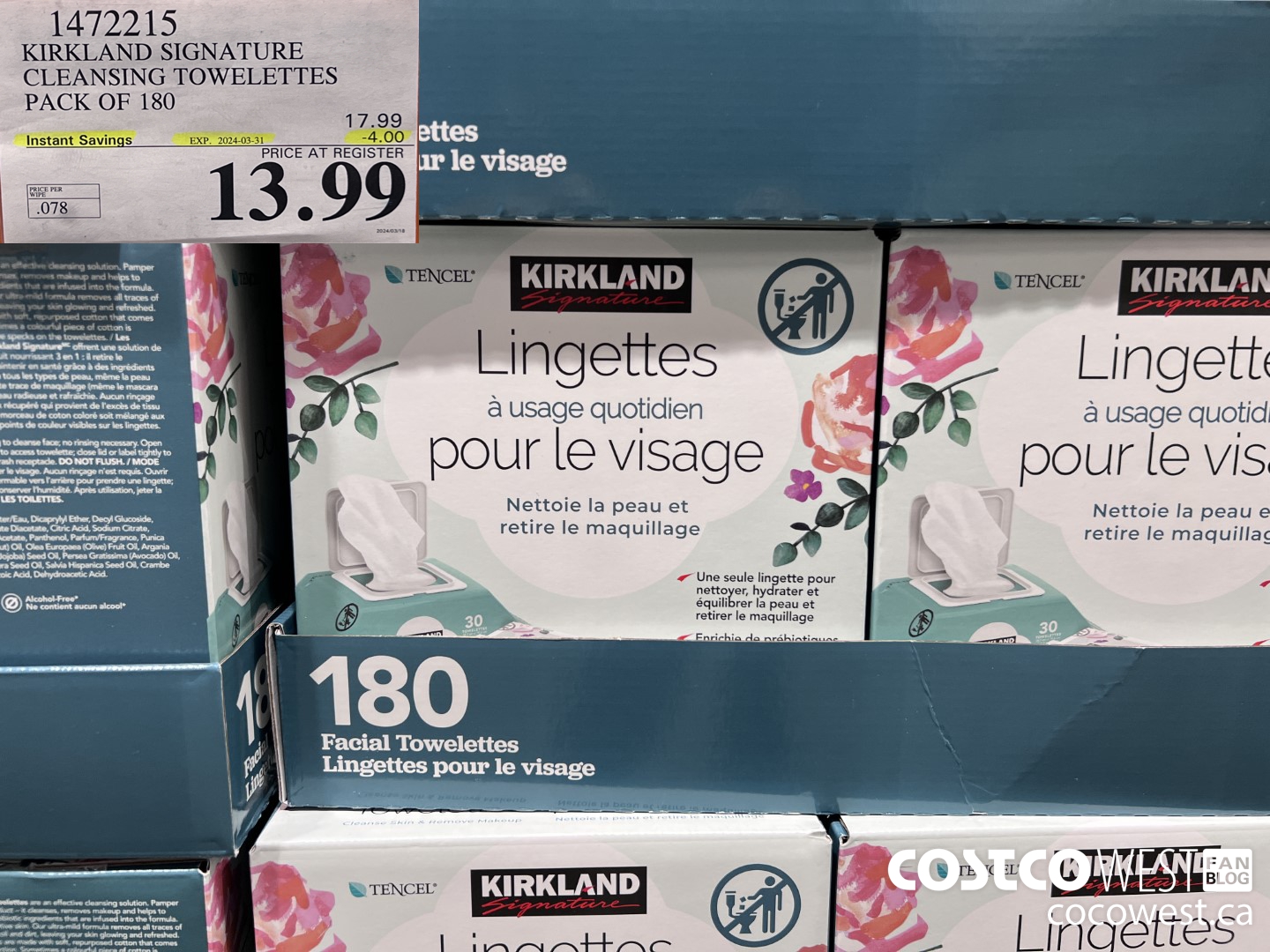 1472215 KIRKLAND SIGNATURE DAILY FACIAL TOWELETTES 180CT ($4.00 INSTANT SAVINGS EXPIRES ON 2024-03-31) $13.99