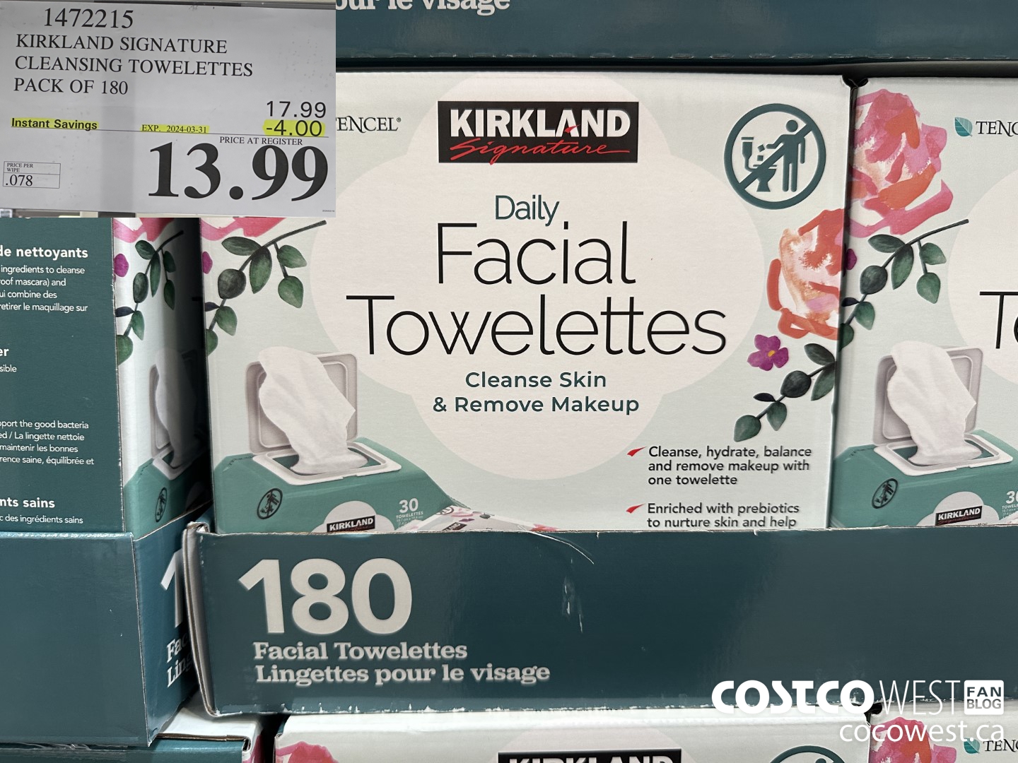 1472215 KIRKLAND SIGNATURE DAILY FACIAL TOWELETTES 180CT ($4.00 INSTANT SAVINGS EXPIRES ON 2024-03-31) $13.99