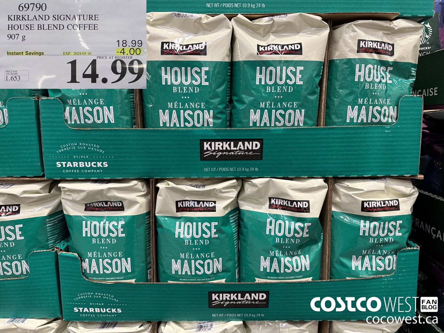 69790 KIRKLAND SIGNATURE HOUSE BLEND COFFEE 907G ($4.00 INSTANT SAVINGS EXPIRES ON 2024-03-10) $14.99