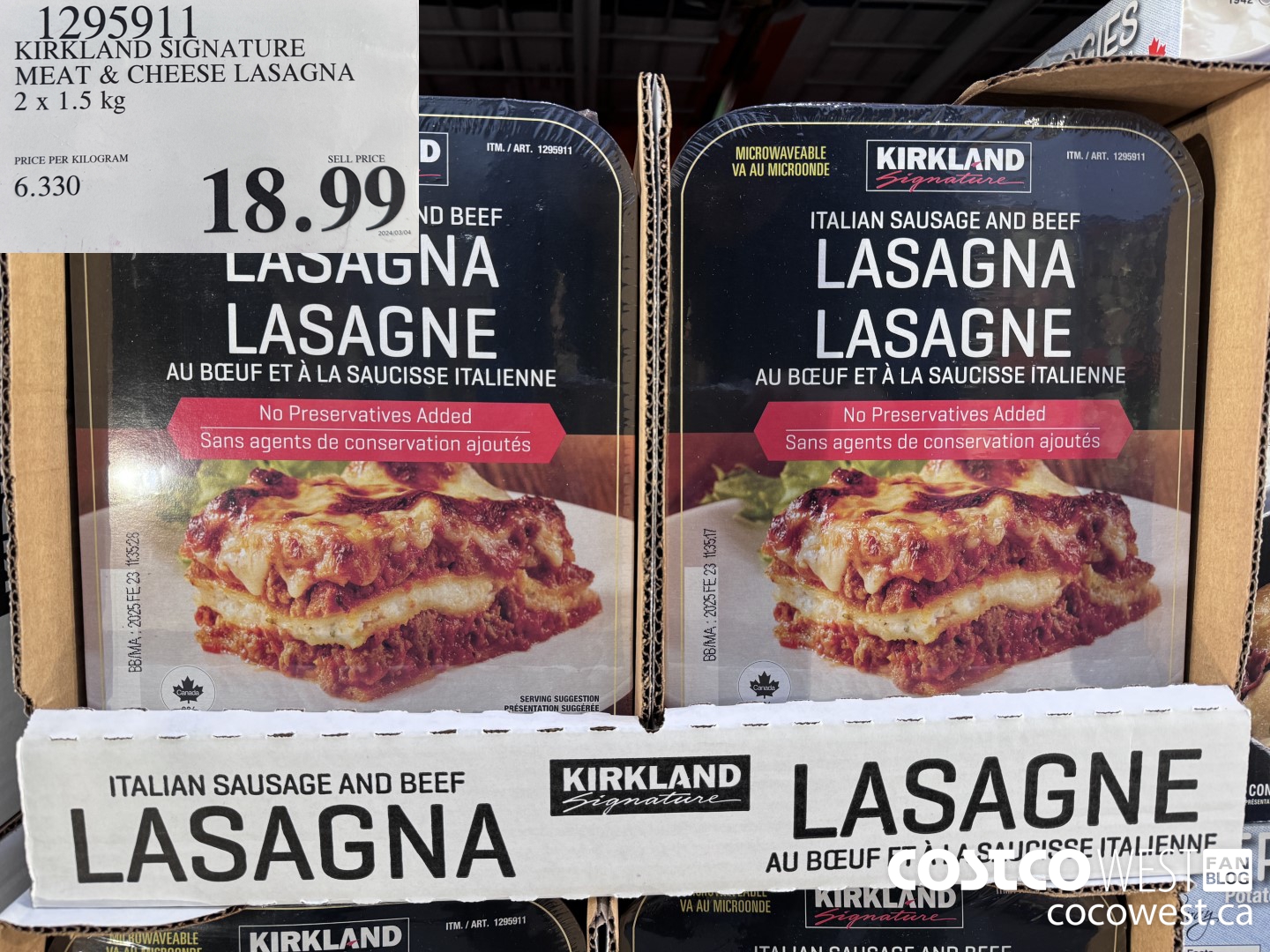 1295911 KIRKLAND SIGNATURE MEAT & CHEESE LASAGNA 2 X 1.5KG $18.99