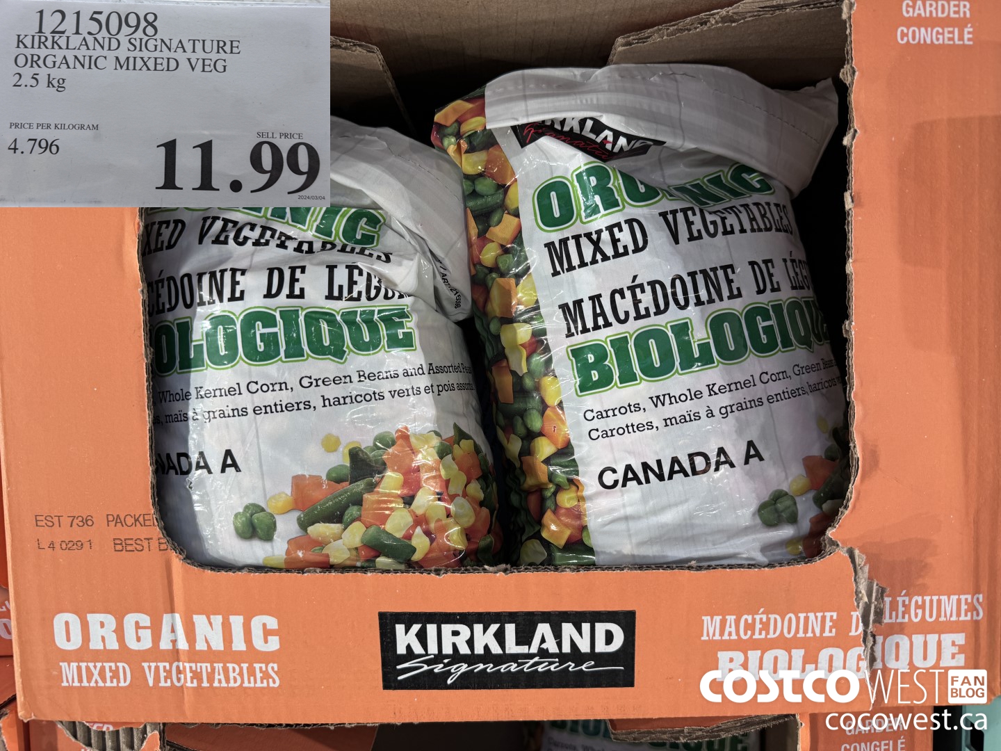1215098 KIRKLAND SIGNATURE ORGANIC MIXED VEG 2.5 kg $11.99