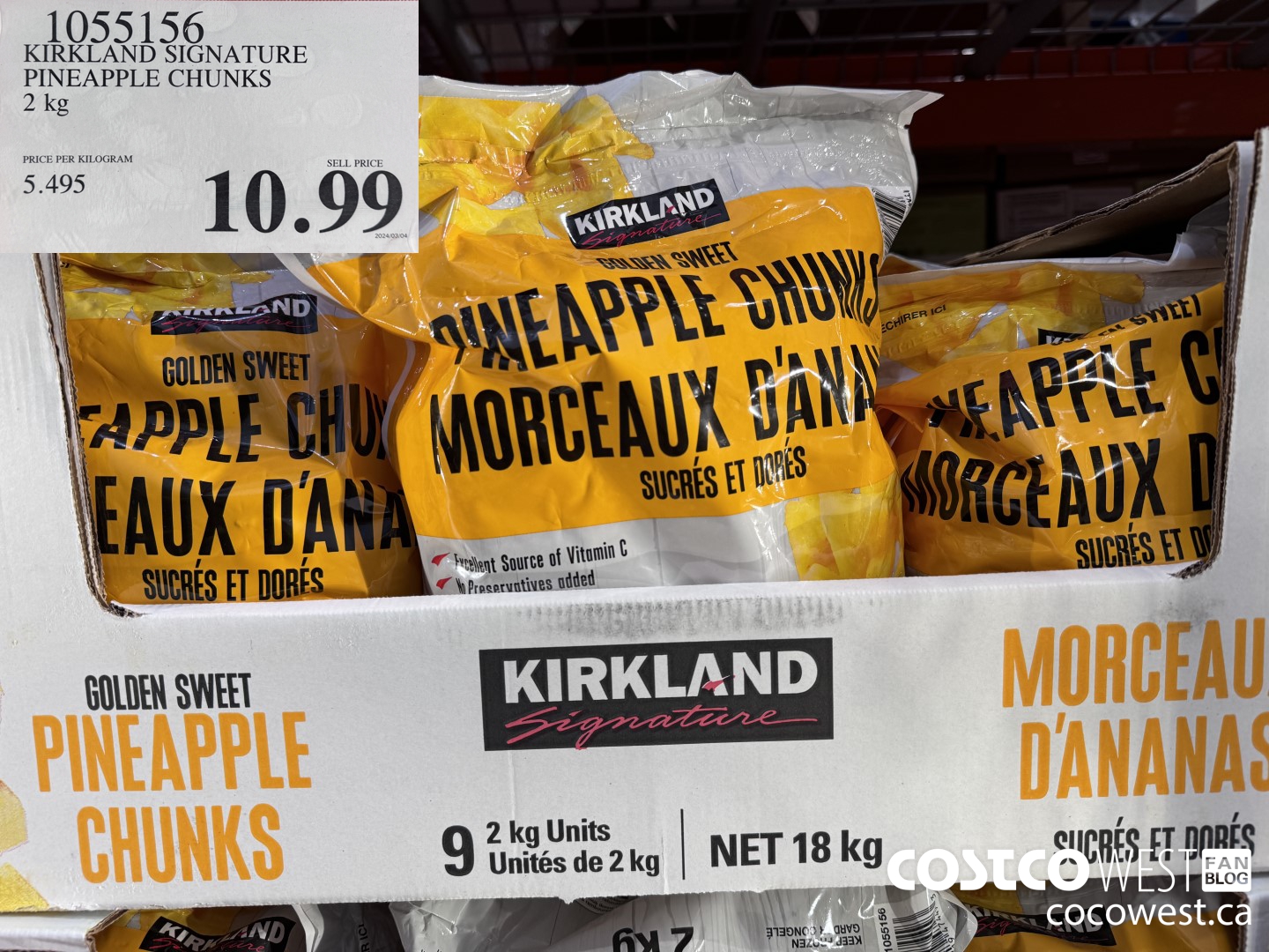1055156 KIRKLAND SIGNATURE PINEAPPLE CHUNKS 2 kg $10.99