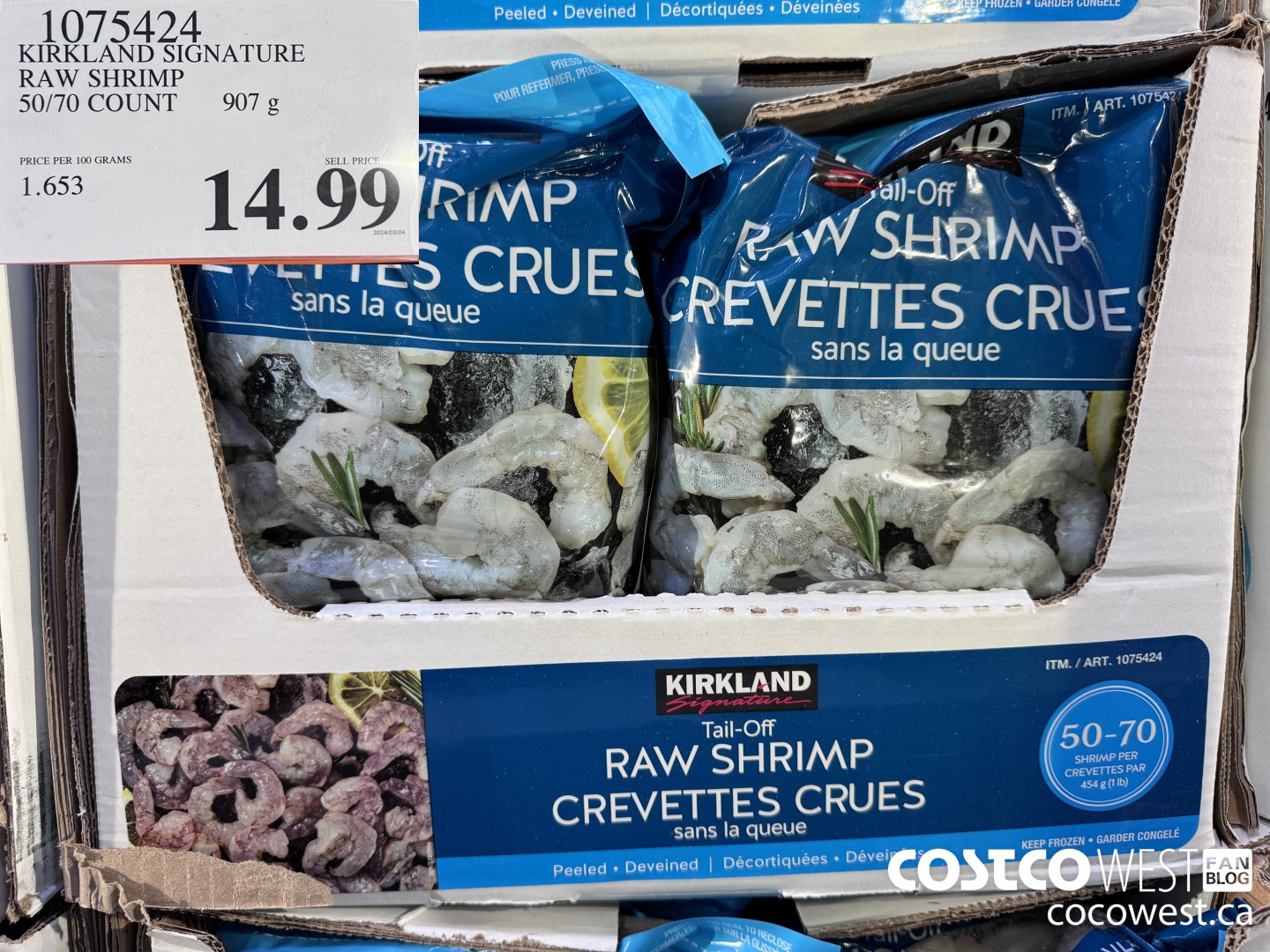 1075424 KIRKLAND SIGNATURE RAW SHRIMP 50/70 COUNT 907G $14.99