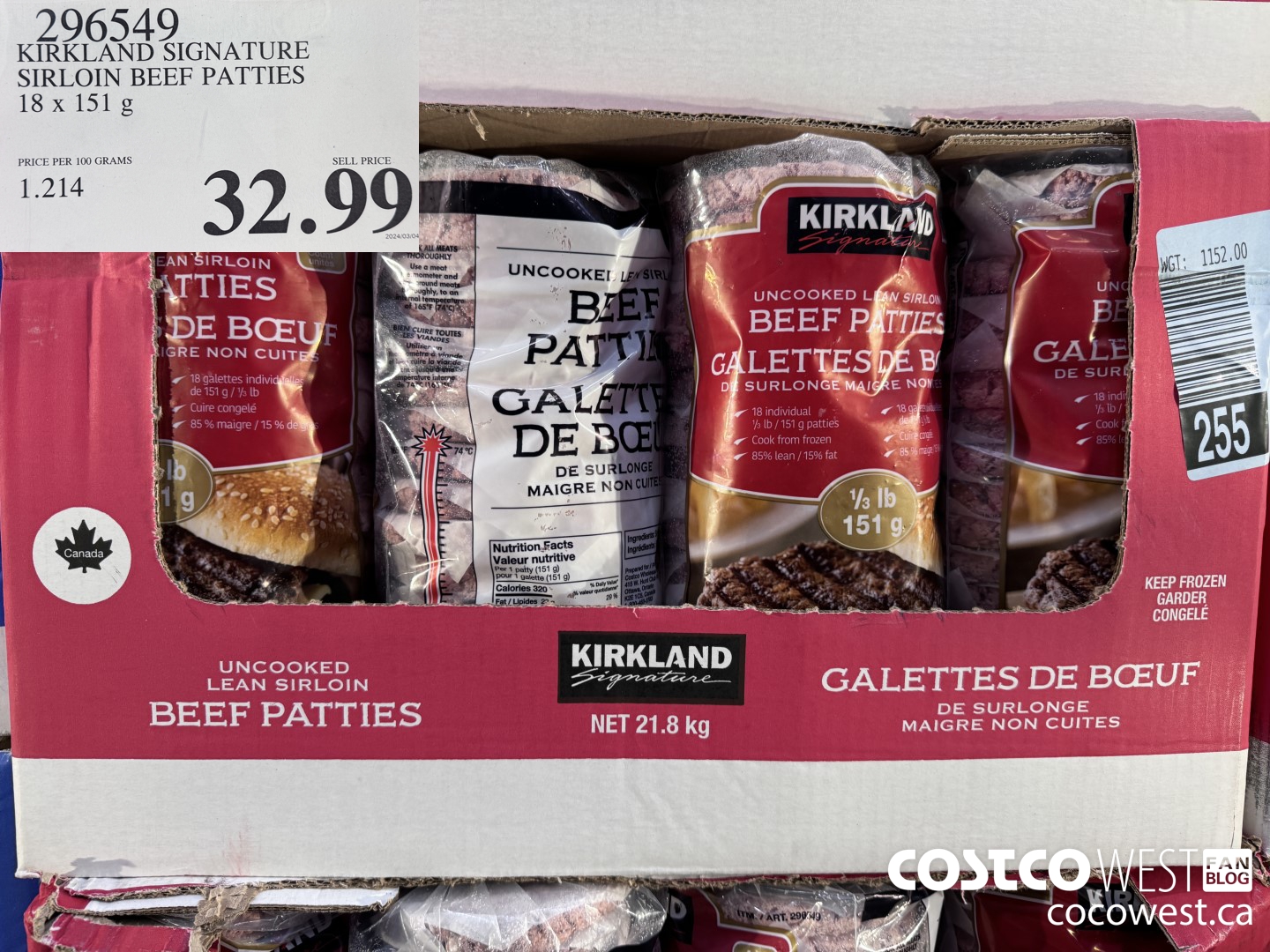 296549 KIRKLAND SIGNATURE SIRLOIN BEEF PATTIES 18 x 151 g $32.99